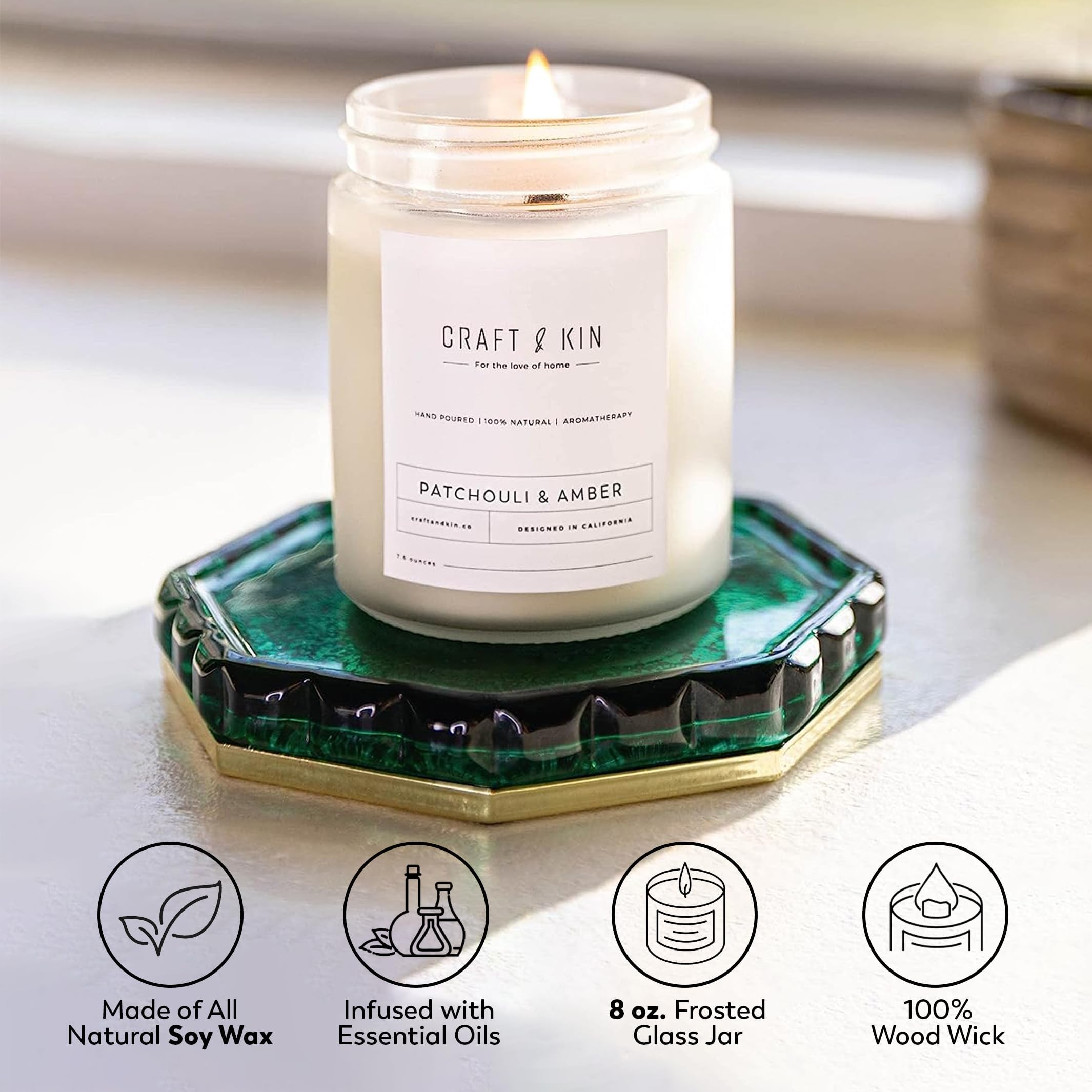 Craft & Kin Patchouli & Amber Christmas Candle — 8 oz, 45-Hour Burn, Natural Soy + Woodwick | Holiday Gifts