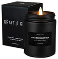Craft & Kin Premium Vintage Leather Candle | Black Christmas Scent for Men | 7.6oz Soy Candle, 45-Hour Burn Time