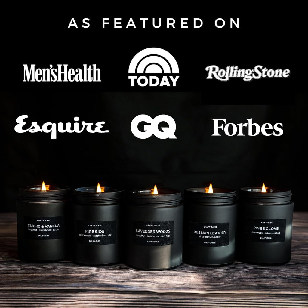 Craft & Kin Premium Vintage Leather Candle | Black Christmas Scent for Men | 7.6oz Soy Candle, 45-Hour Burn Time