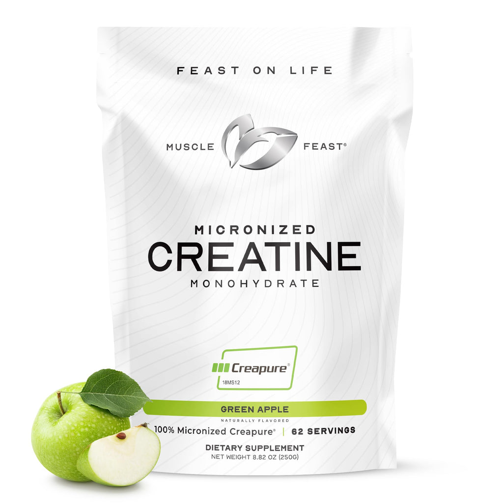Muscle Feast Creapure – Micronized Creatine Monohydrate Powder (Green Apple, 250g) | Easy Mix, Gluten-Free, Vegan Pre/Post-Workout