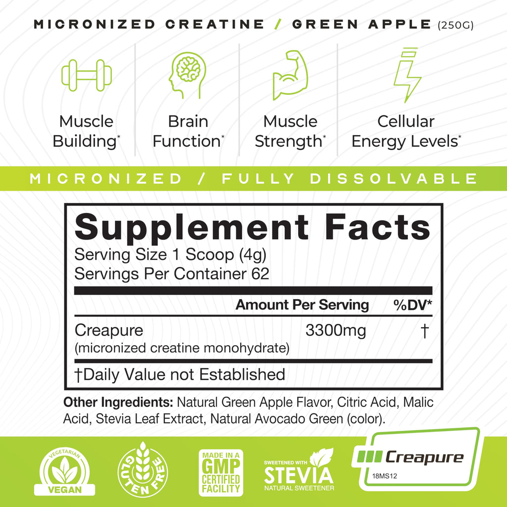 Muscle Feast Creapure – Micronized Creatine Monohydrate Powder (Green Apple, 250g) | Easy Mix, Gluten-Free, Vegan Pre/Post-Workout