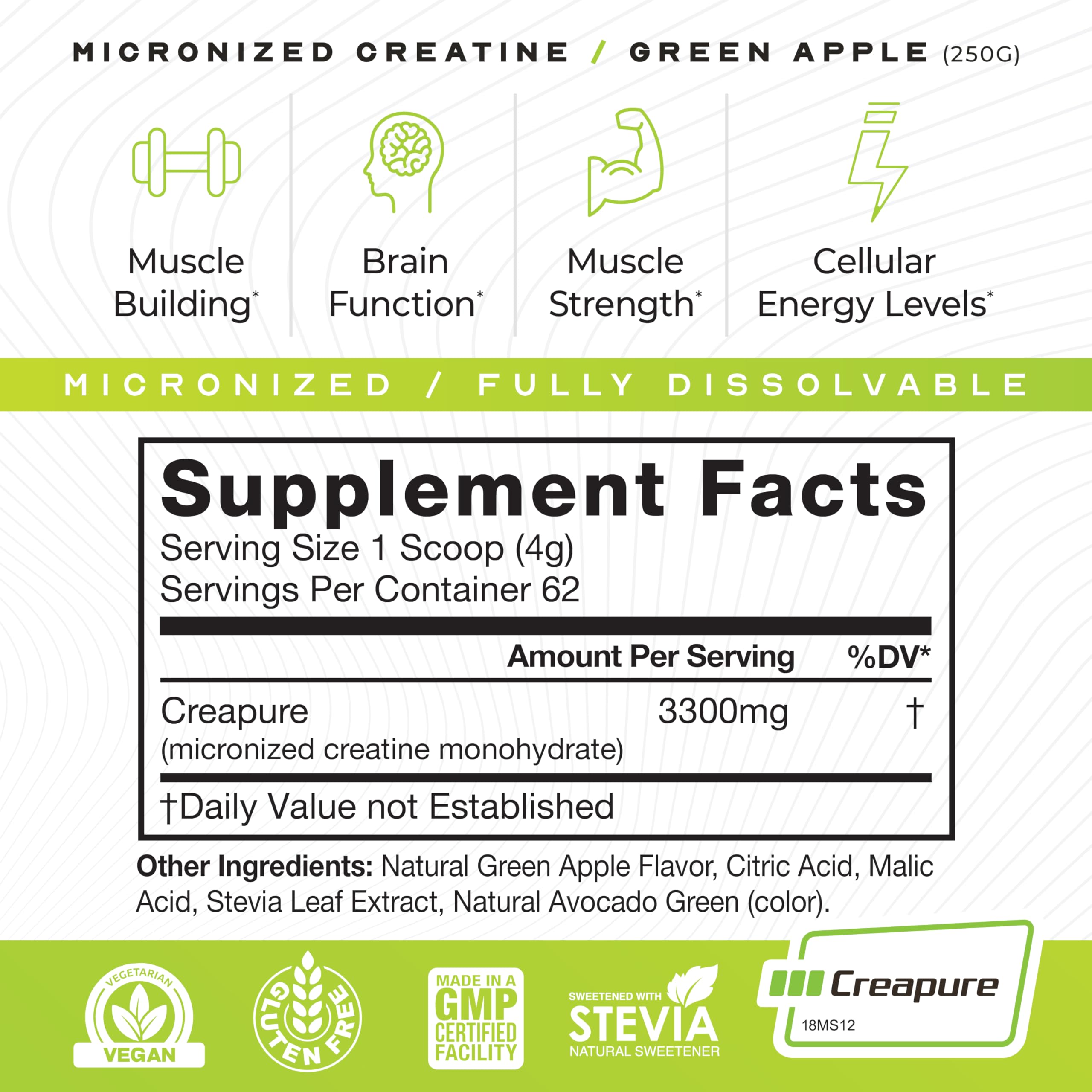 Muscle Feast Creapure – Micronized Creatine Monohydrate Powder (Green Apple, 250g) | Easy Mix, Gluten-Free, Vegan Pre/Post-Workout