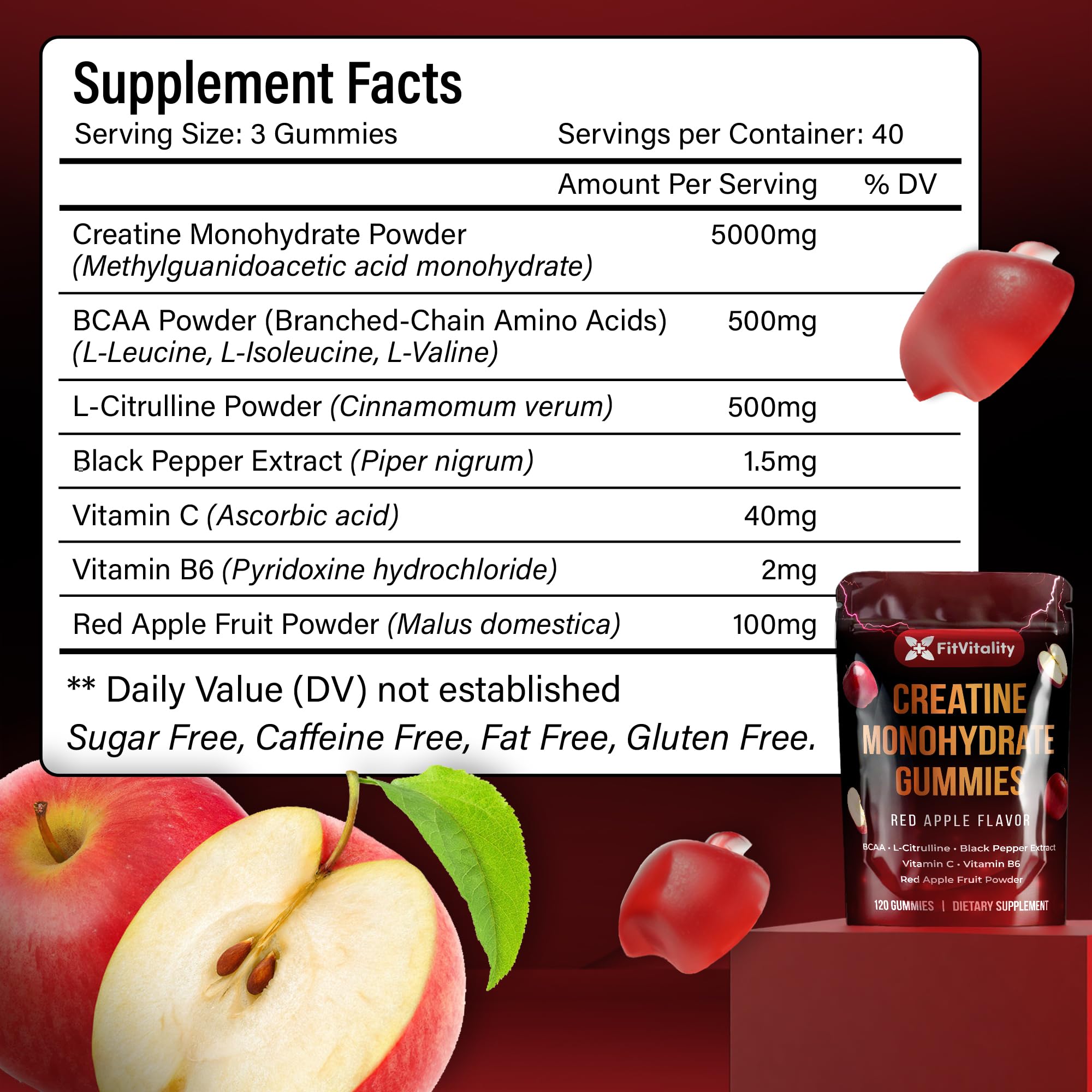 FitVitality Premium 120 Creatine Gummies – Creatine Monhydrate, Vitamin C & B6, Vegan, Non-GMO, Sugar-Free, Red Apple