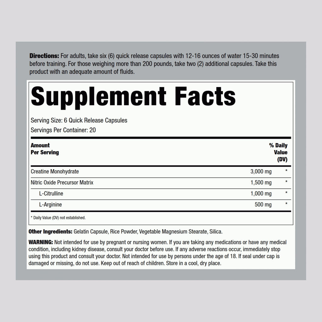 Fitness Labs Creatine Capsules | 120 Count, 3000mg Creatine Monohydrate, Pump & NO Precursor | HPLC Tested | Non-GMO