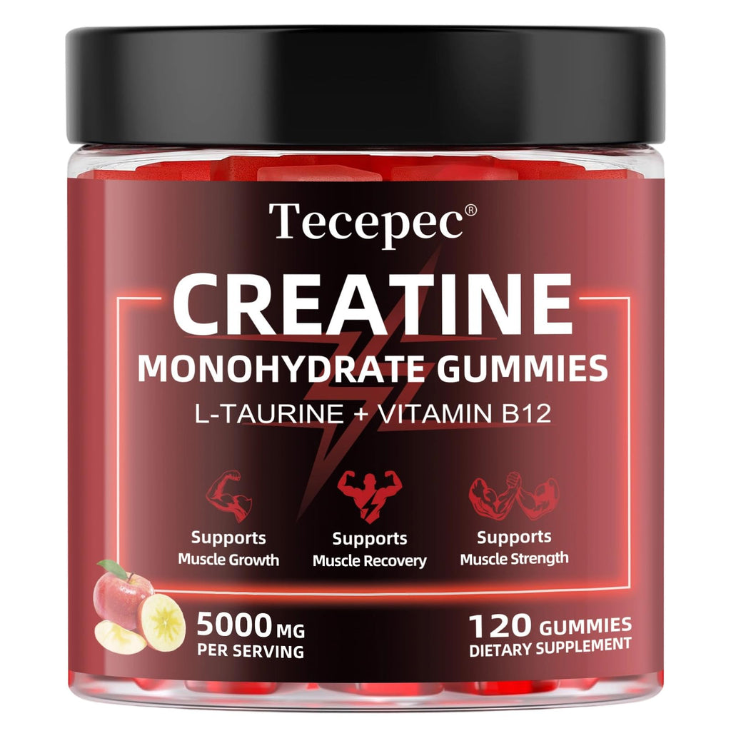 Creatine Monohydrate Gummies – 120 Count, 5000mg/Serving, L-Taurine & Vitamin B12 – Vegan Apple Flavor