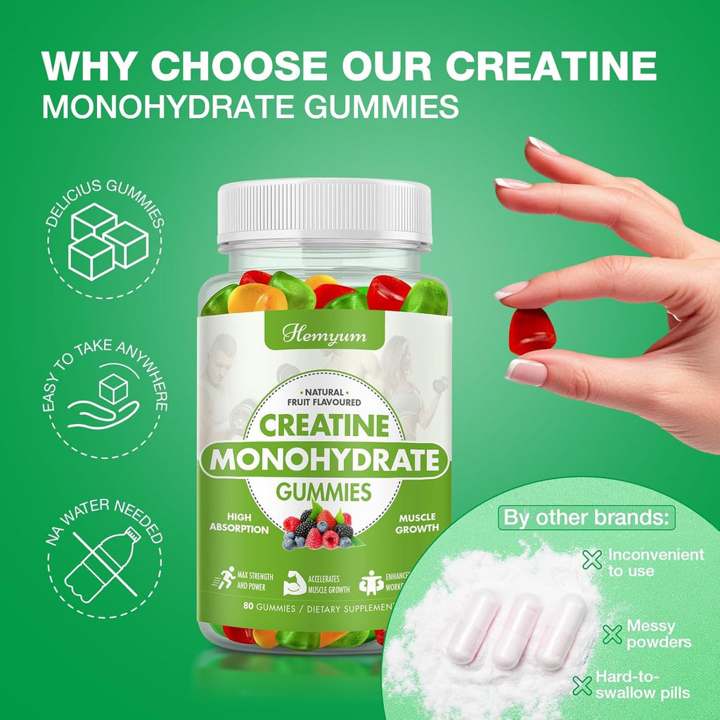 Creatine Monohydrate Gummies – 80 Count | Vegan, Gluten-Free | Strength, Focus & Endurance (Men & Women)