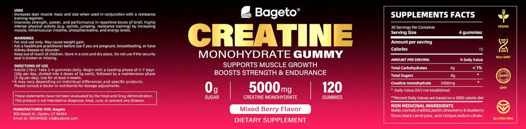 Creatine Monohydrate Gummies - 5g per Serving, Mixed Berry, Orange and Green Apple Flavor, 2-Pack