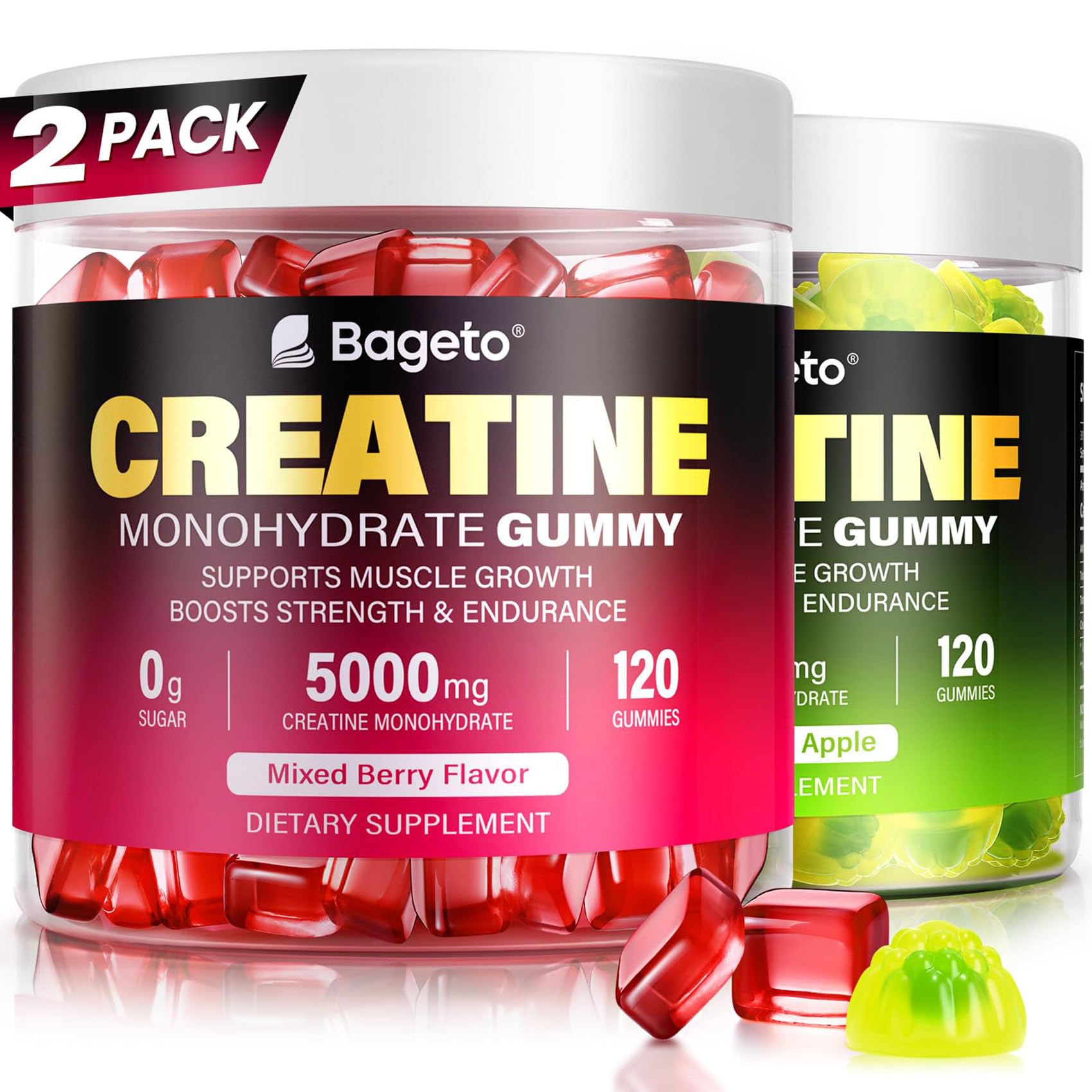 Creatine Monohydrate Gummies - 5g per Serving, Mixed Berry, Orange and Green Apple Flavor, 2-Pack