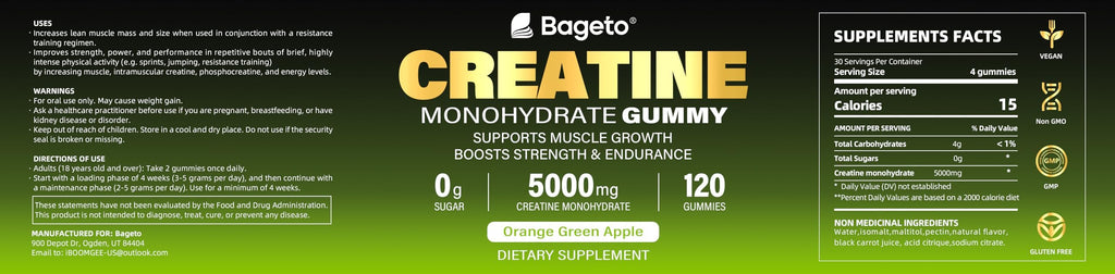 Creatine Monohydrate Gummies 5000mg – 120 Count for Men & Women | Sugar Free Pre-Workout (Orange & Green Apple)