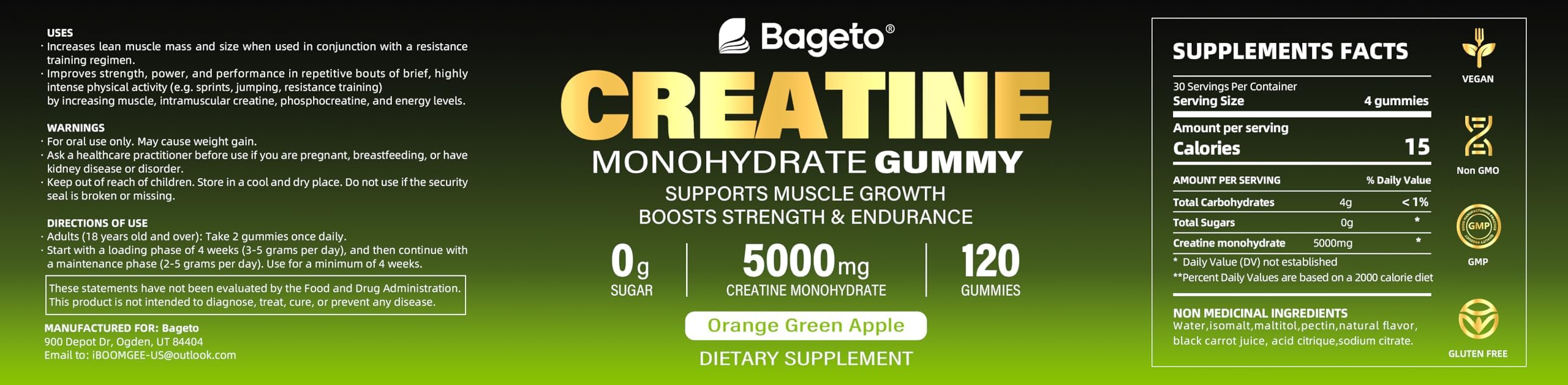 Creatine Monohydrate Gummies 5000mg – 120 Count for Men & Women | Sugar Free Pre-Workout (Orange & Green Apple)