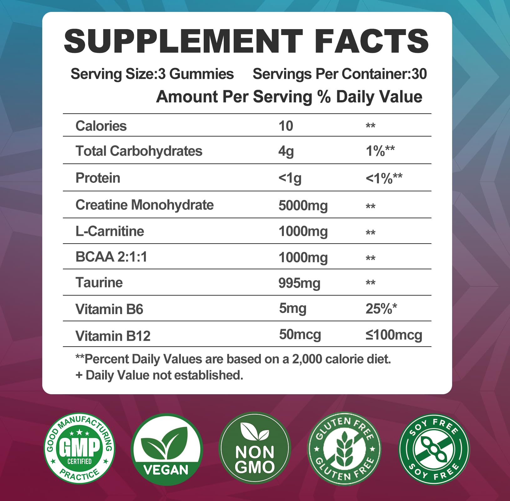 Creatine Monohydrate Gummies with BCAA & L-Carnitine – Pineapple Flavor, 180 Count