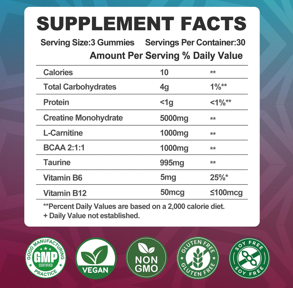 Creatine Monohydrate Gummies 8000mg – BCAA, L-Carnitine & B12 – Raspberry Pre-Workout (180 Count)