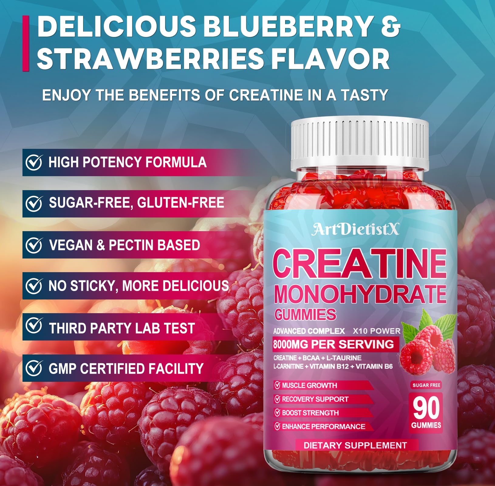 Creatine Monohydrate Gummies 8000mg – BCAA, L-Carnitine & B12 – Raspberry Pre-Workout (180 Count)