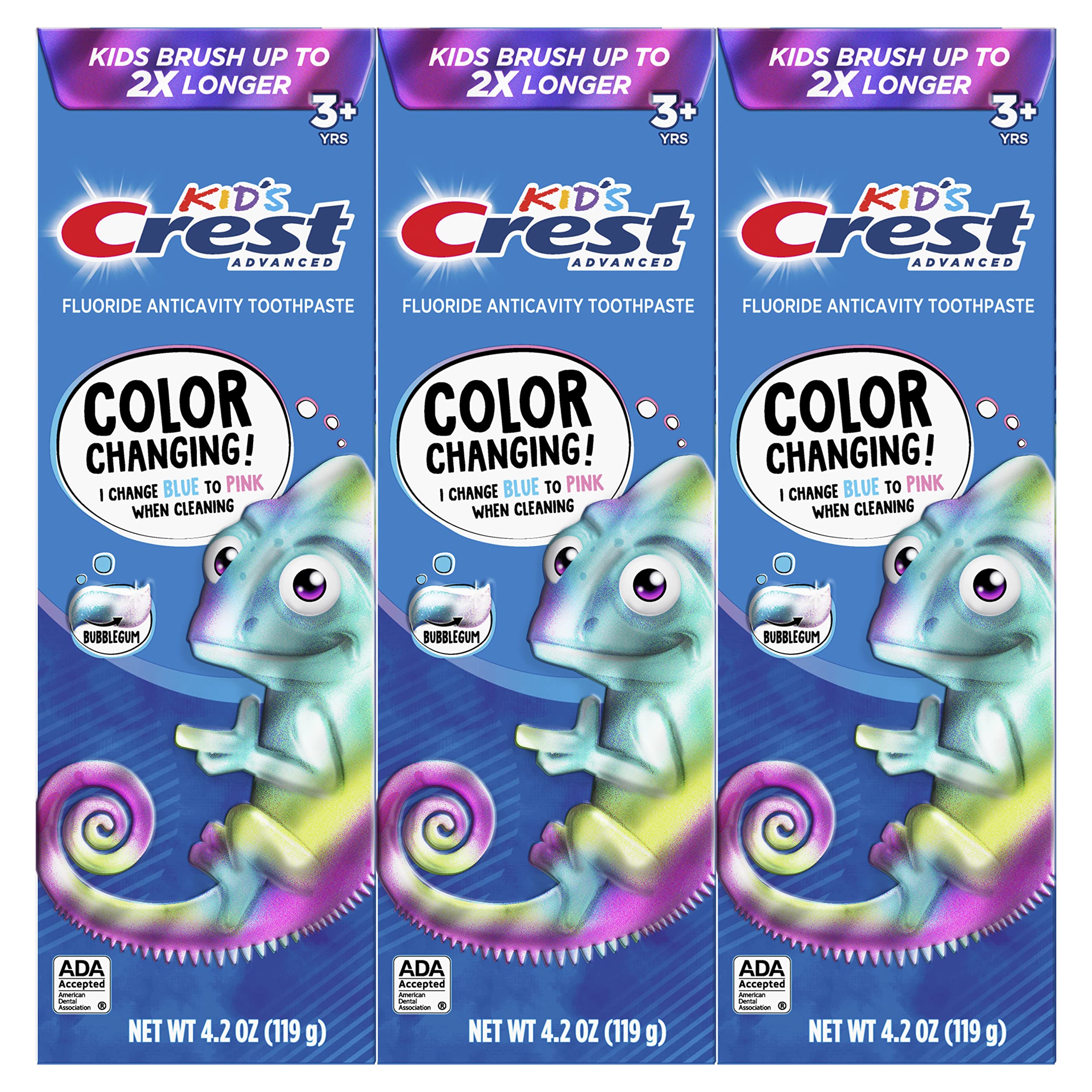 Crest Advanced Kid's Fluoride Toothpaste – Bubblegum Flavor, 4.2 oz, 3 Count, Color-Changing