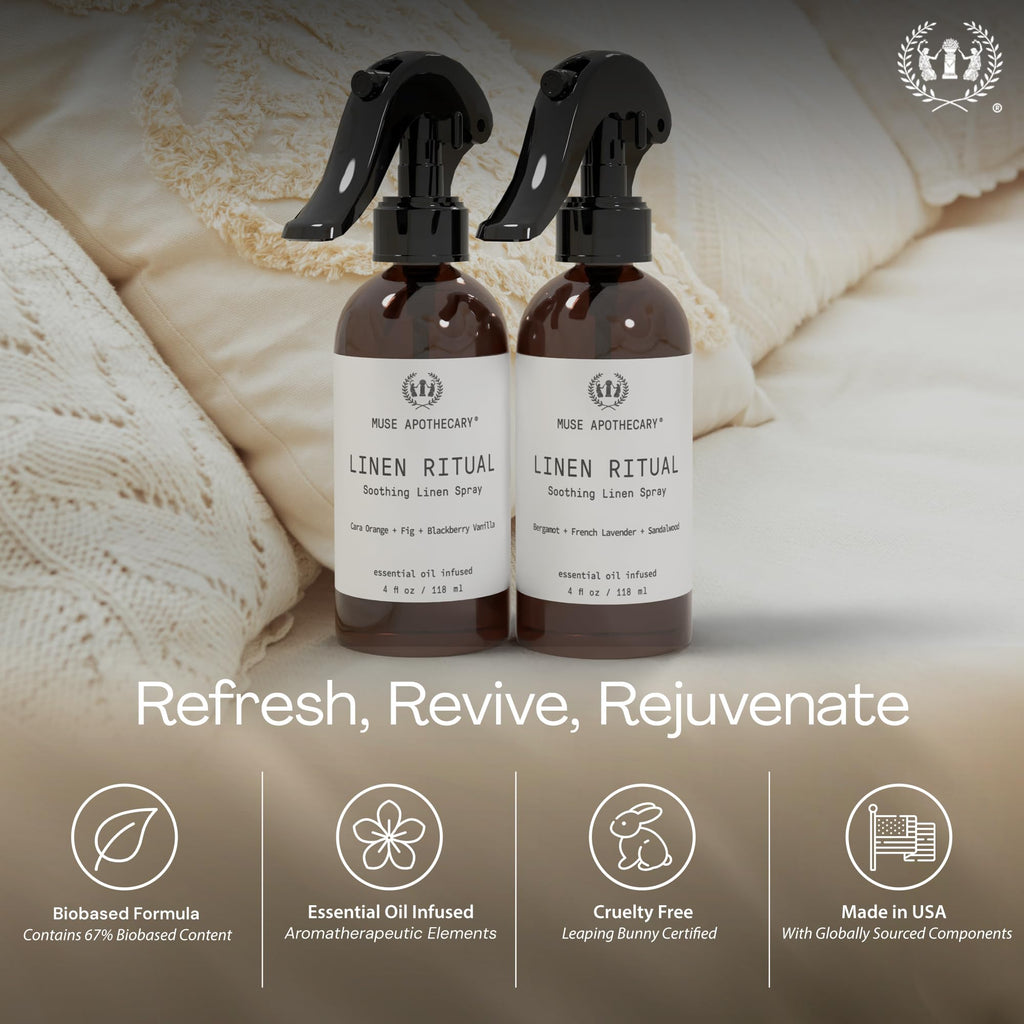 Muse Apothecary Linen Ritual Linen Mist – Aromatic, Soothing & Relaxing | 4 oz | Tonka Bean, Amber, Warm Cedarwood