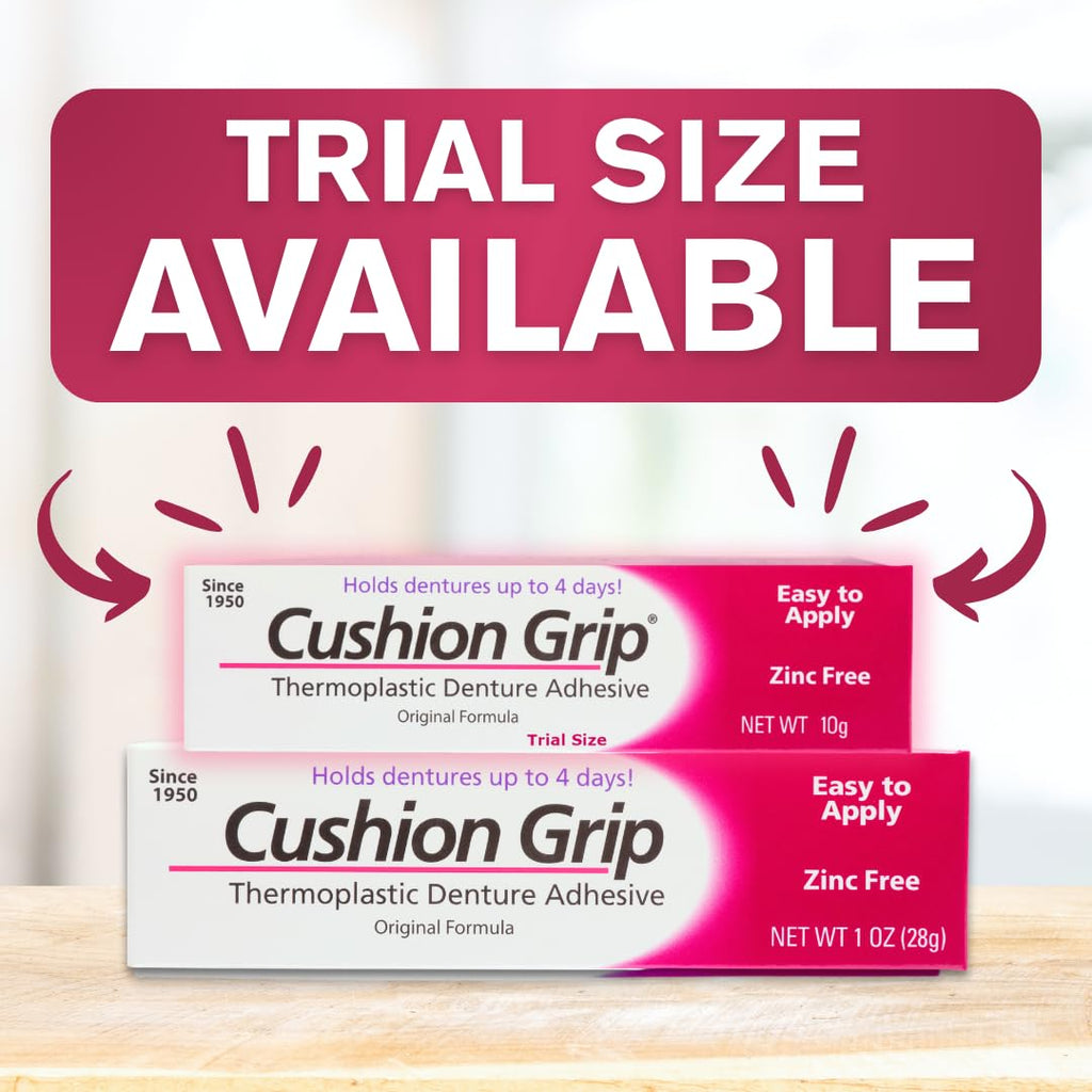 Cushion Grip Thermoplastic Denture Adhesive – 0.35 oz Travel Size (3 Pack) | Up to 4 Days Hold