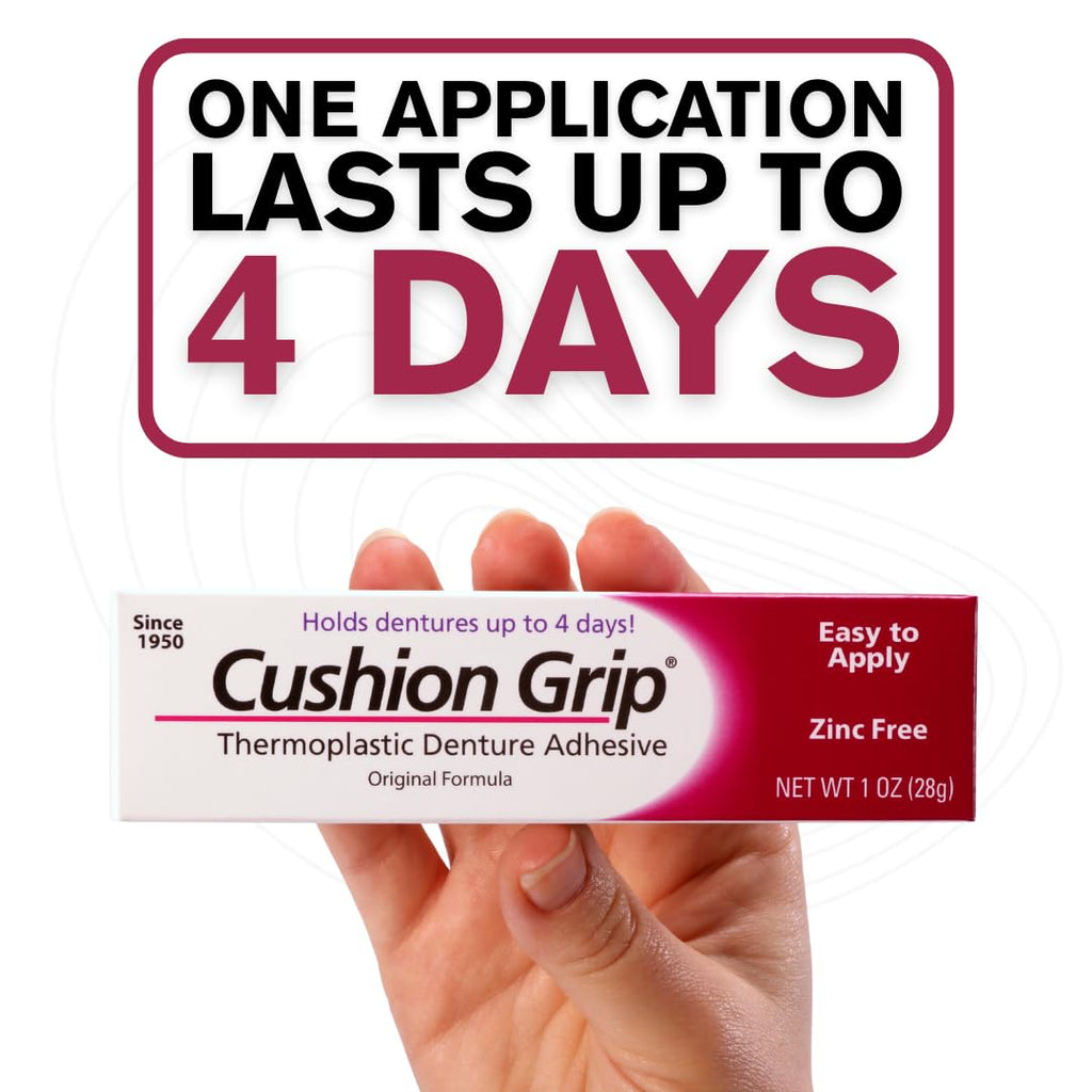 Cushion Grip Thermoplastic Denture Adhesive – 1oz, 2-Pack – Extra Strong Hold Up to 4 Days