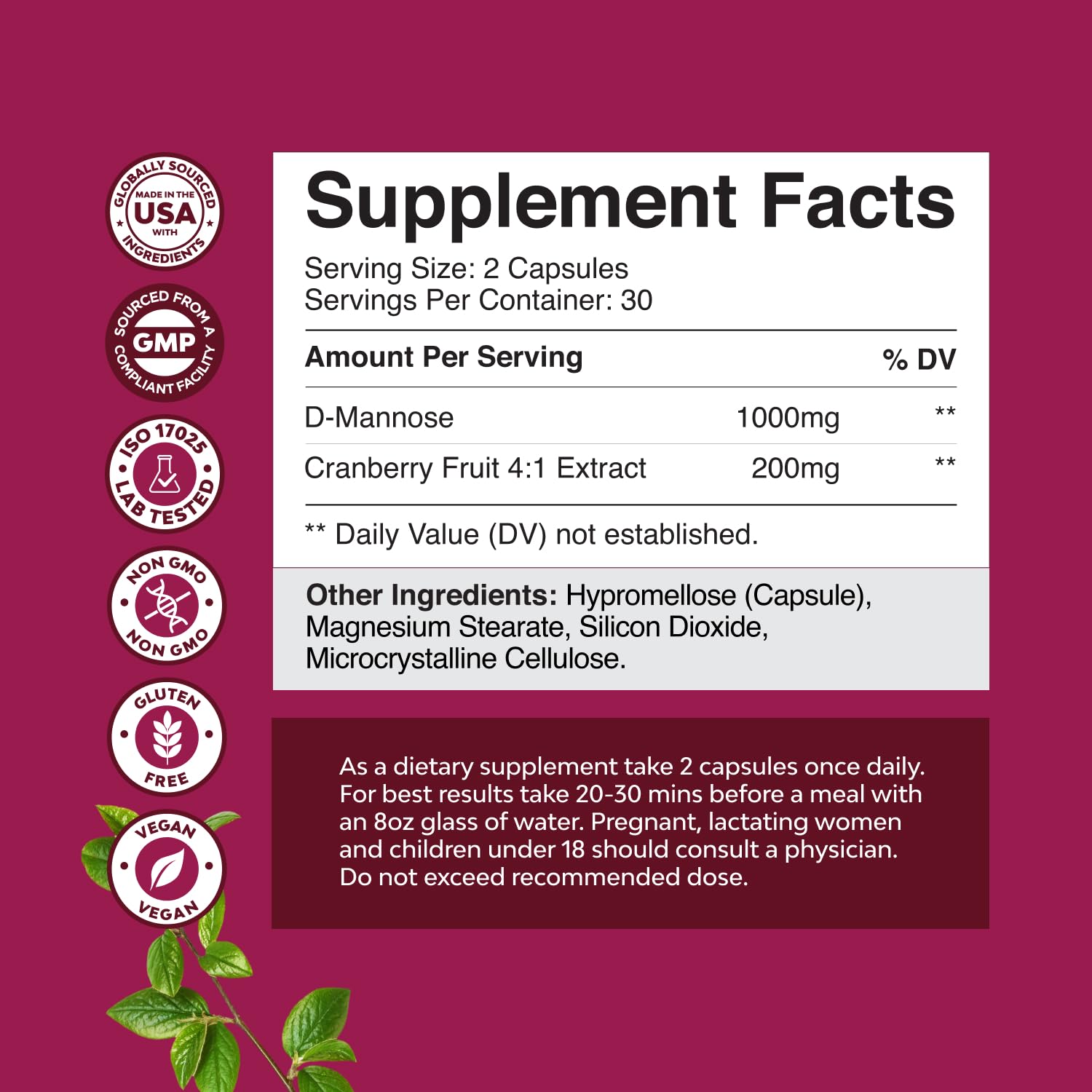 D Mannose with Cranberry - 1000mg D Mannose Capsules for Kidney Defense, Urinary Tract Health & Bladder Support - 60 Count