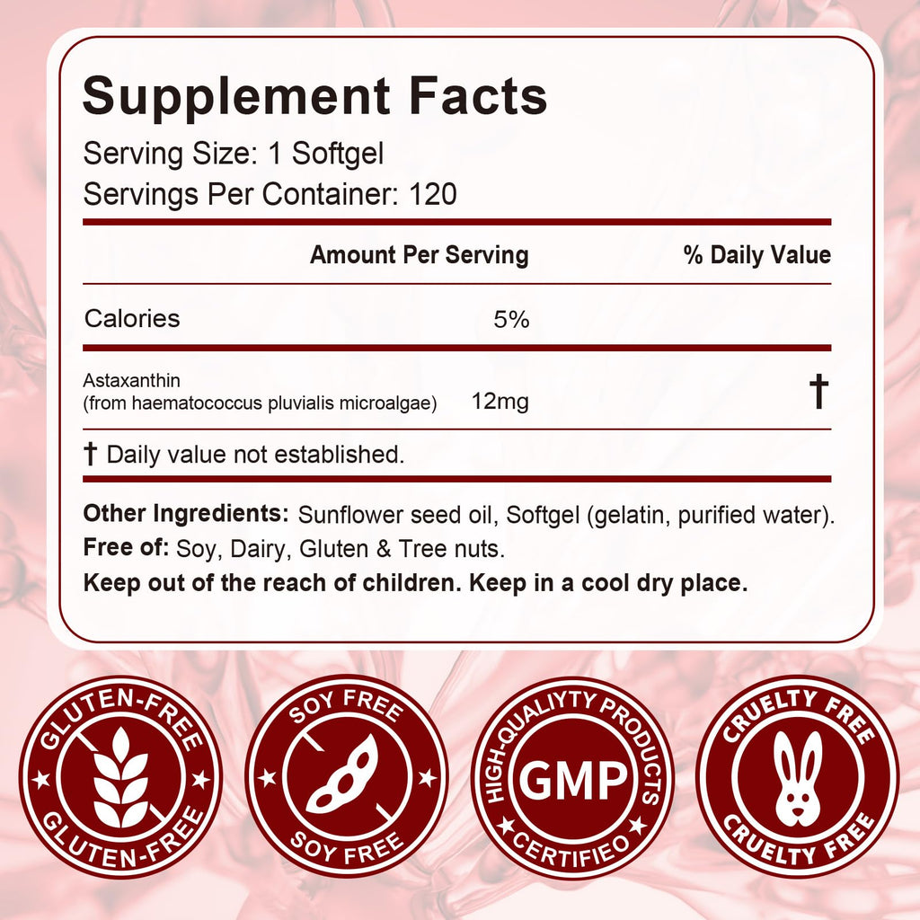 Daiasns Astaxanthin 12mg - 120 Softgels | 4 Month Supply | Non-GMO