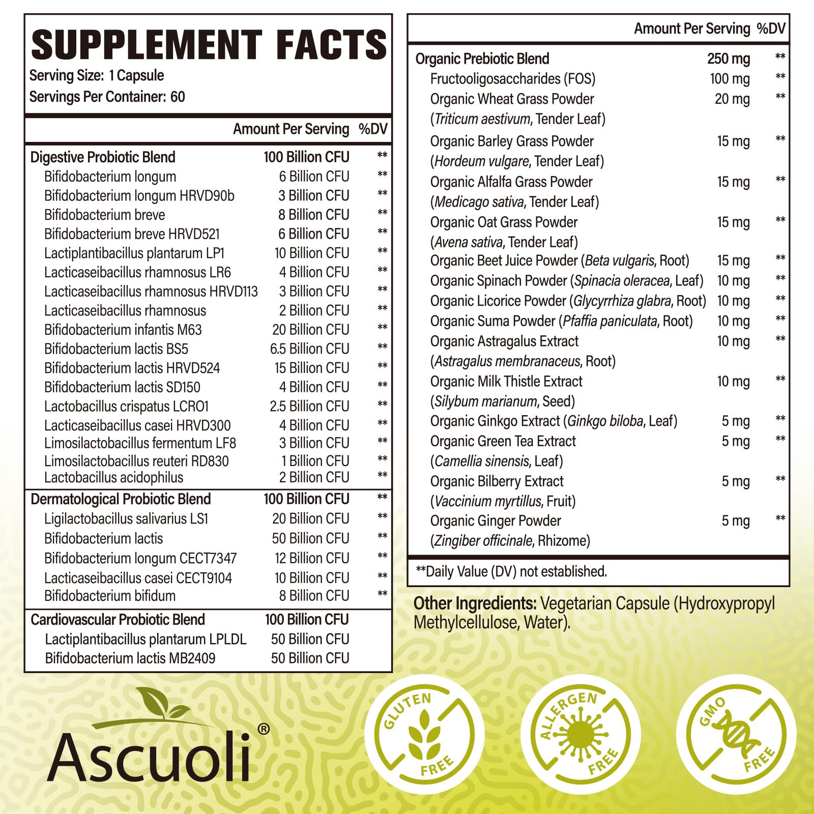Ascuoli Probiotics for Women & Men – 300B CFU, 24 Strains + 15 Organic Herbs Prebiotic Blend | 240 Veg Capsules