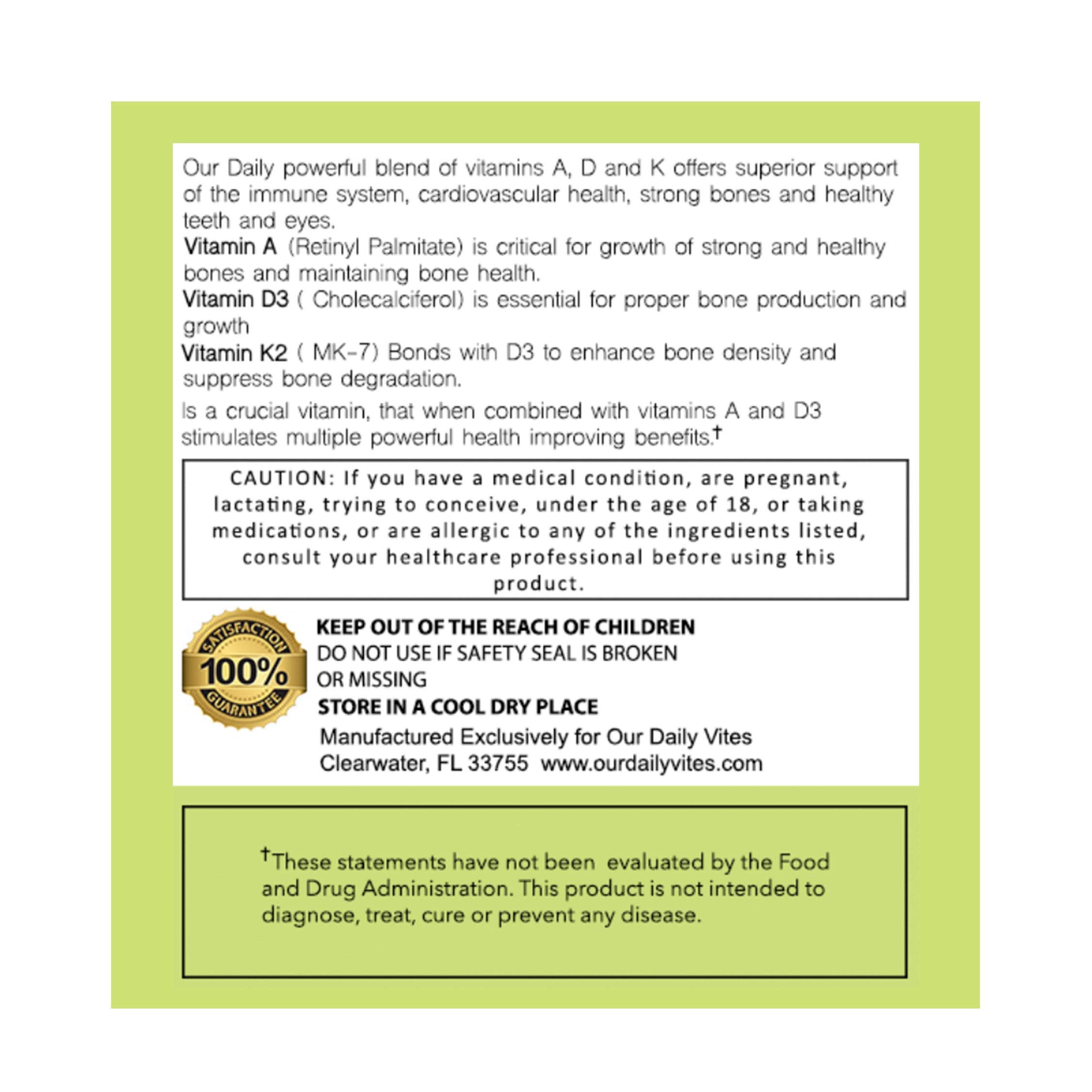 Daily Vites ADK Vitamin Supplement 5000 IU – 90 Caps (90 Day Supply) – High Potency A, D3 & K2-MK7 | Non-GMO, Gluten Free