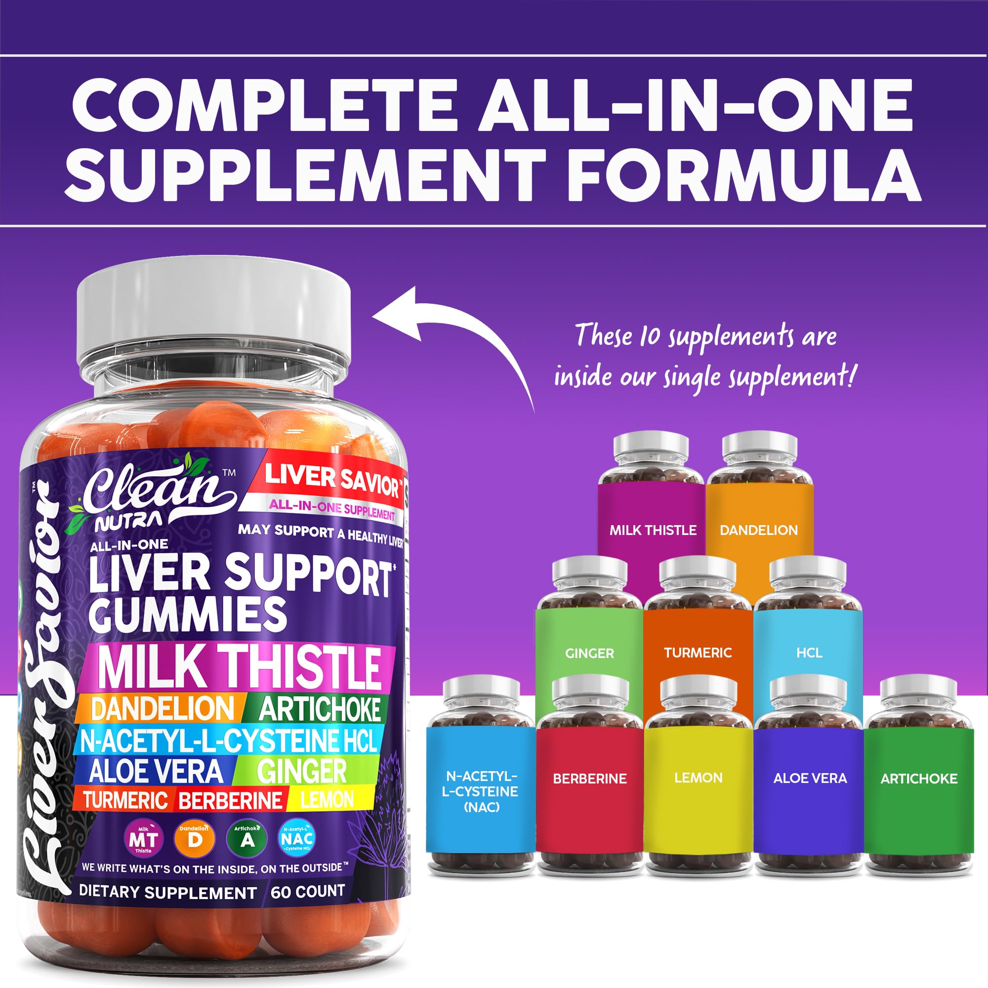 Clean Nutra Liver Cleanse Detox & Repair Gummies | Milk Thistle Gummy Liver Support Vitamins | Dandelion, Artichoke, Aloe Vera, Ginger, Berberine, Lemon, N-Acetyl-L-Cysteine, Turmeric Supplement HCL