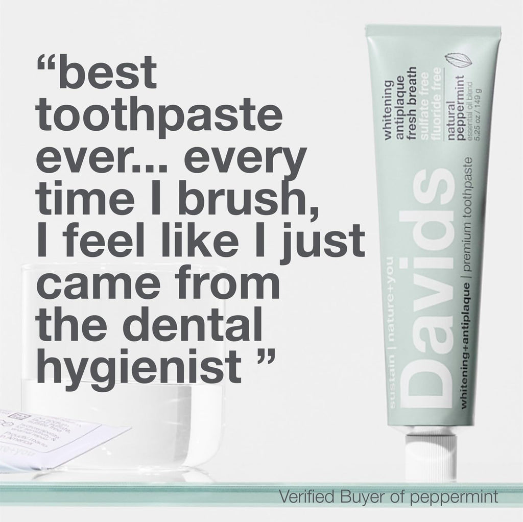 Davids Fluoride Free Toothpaste – Peppermint, 5.25oz | Teeth Whitening, Antiplaque, SLS-Free, Enamel Health | EWG Verified