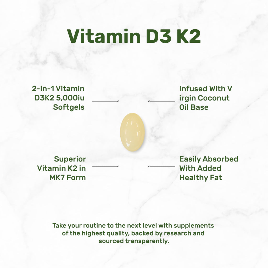 Vitamin D3 5000 IU + K2 MK7 Softgels — 2-in-1 Coconut Carrier | Heart, Bones & Immune Support