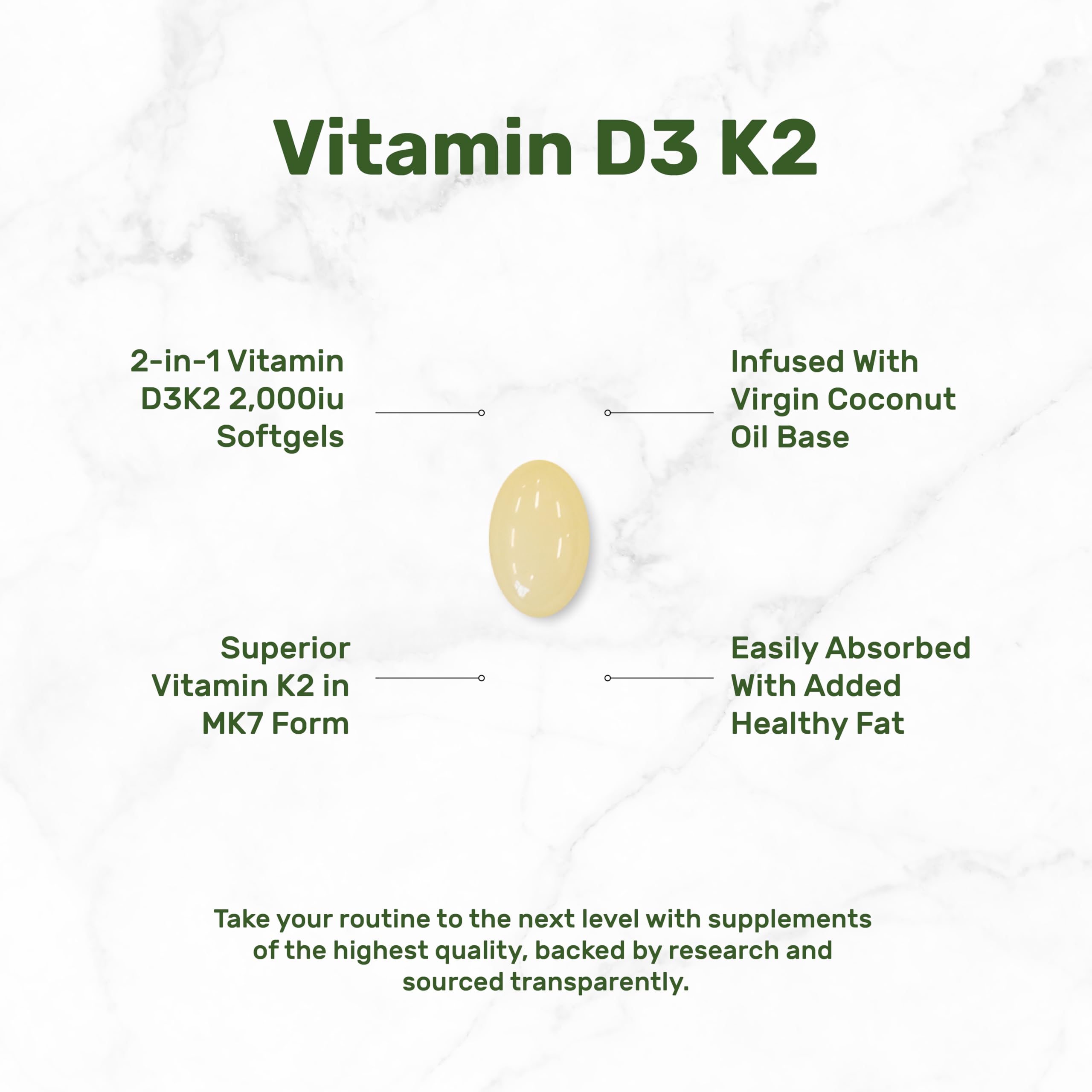 DEAL SUPPLEMENT Vitamin D3 2000 IU + K2 MK7 50mcg Softgels – 2-in-1 Coconut Carrier for Heart, Bone, Teeth & Immune Health