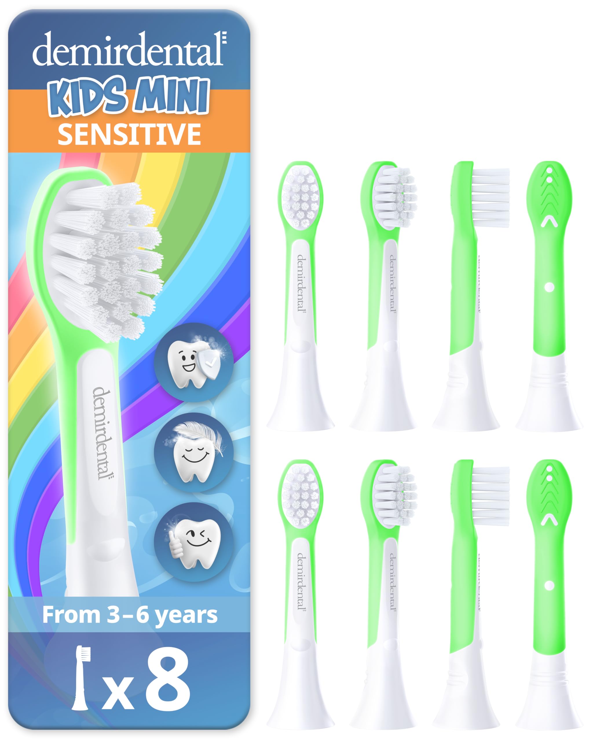 demirdental Kids Mini Toothbrush Heads Compatible with Philips Sonicare Compact Kids Toothbrush Heads - Replacement Heads Sensitive - Brush Heads from Ages 3 to 6 - Green - Replaces HX6038-8 Pack