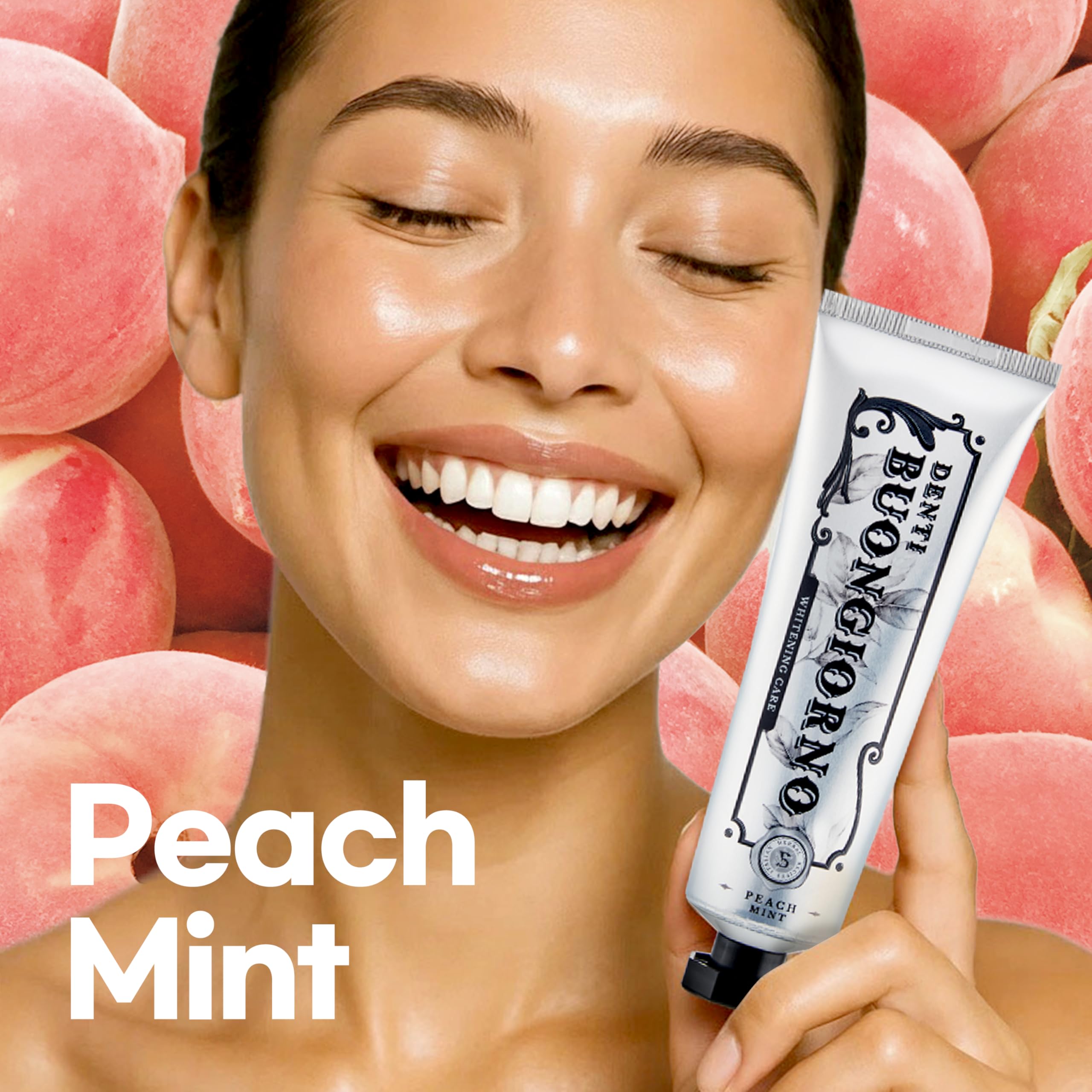 DENTI BUONGIORNO Peach Mint Whitening Toothpaste (3 Pack) – Natural Fluoride, Korean Formula, Paraben & SLS Free