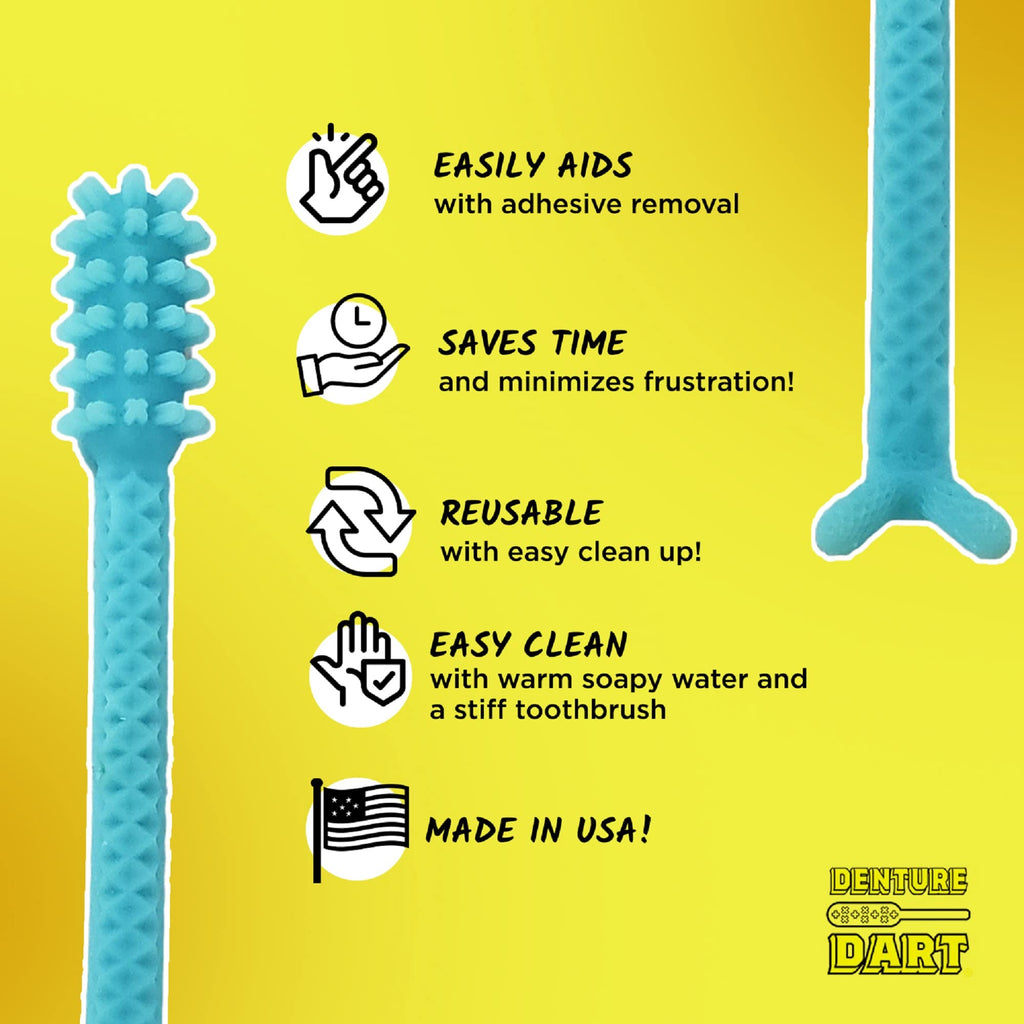 Denture Dart V4 Hard Plastic Denture Brush | Gel Adhesive Remover | Textured Grip