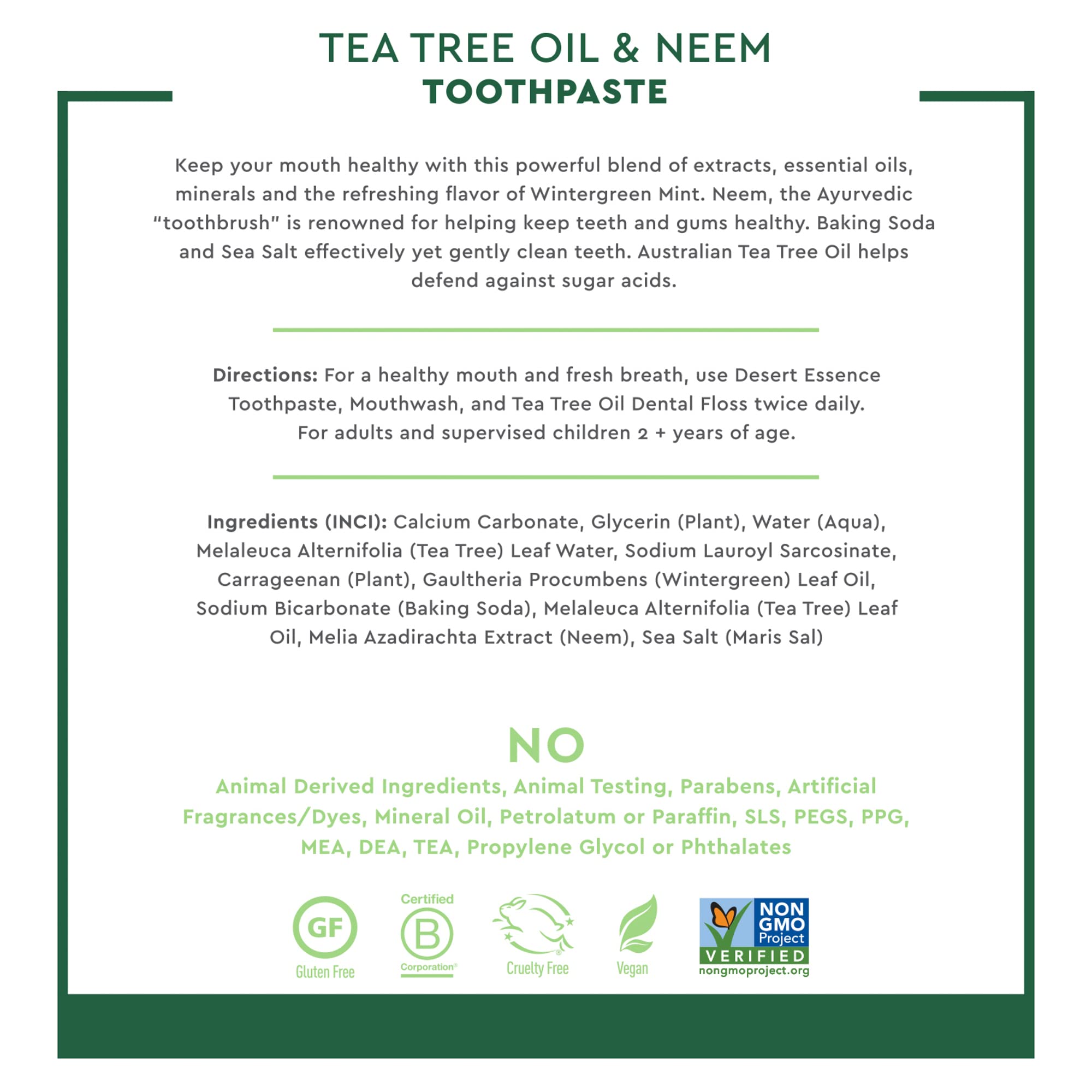 Desert Essence Tea Tree Oil & Neem Toothpaste - Fluoride-Free, Vegan, Wintergreen 6.25 oz