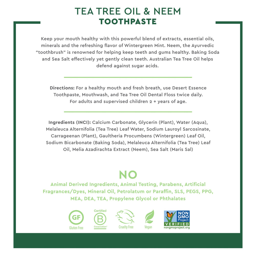 Desert Essence Tea Tree Oil & Neem Toothpaste – Wintergreen, 6.25 oz, Pack of 3