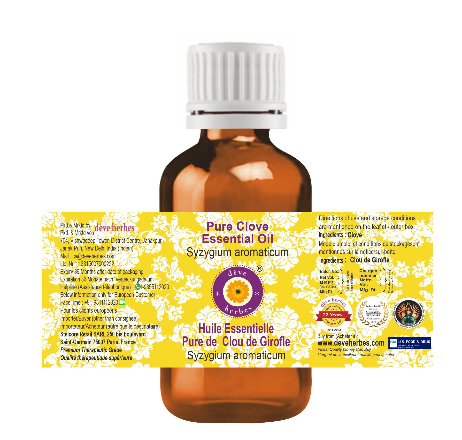 dève herbes Clove Essential Oil (Syzygium aromaticum) Pure | Steam Distilled 10ml (0.33 oz) | Non-Greasy & Non-Sticky