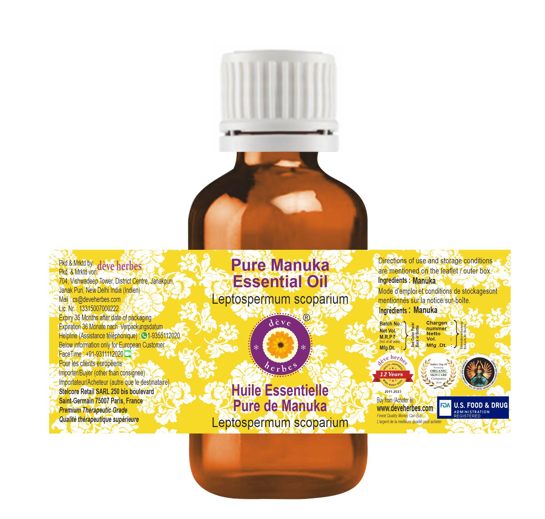 dève herbes Manuka Essential Oil (Leptospermum scoparium) – Pure 30ml, Steam Distilled, Non-Greasy