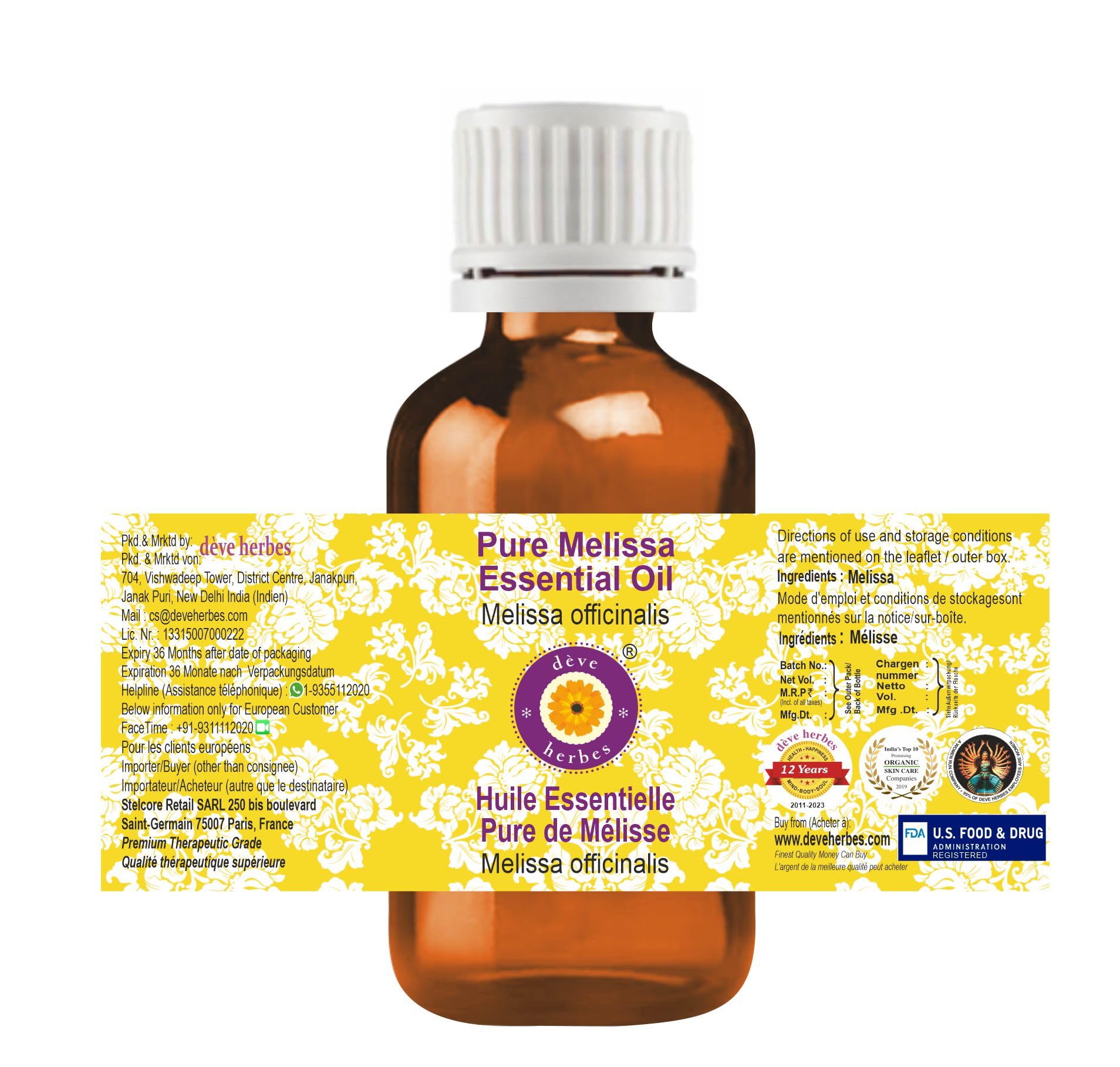 dève herbes Melissa Essential Oil (Melissa officinalis) Pure | Non-Sticky | Non-Greasy | Lightweight | Steam Distilled 50ml (1.69 oz)