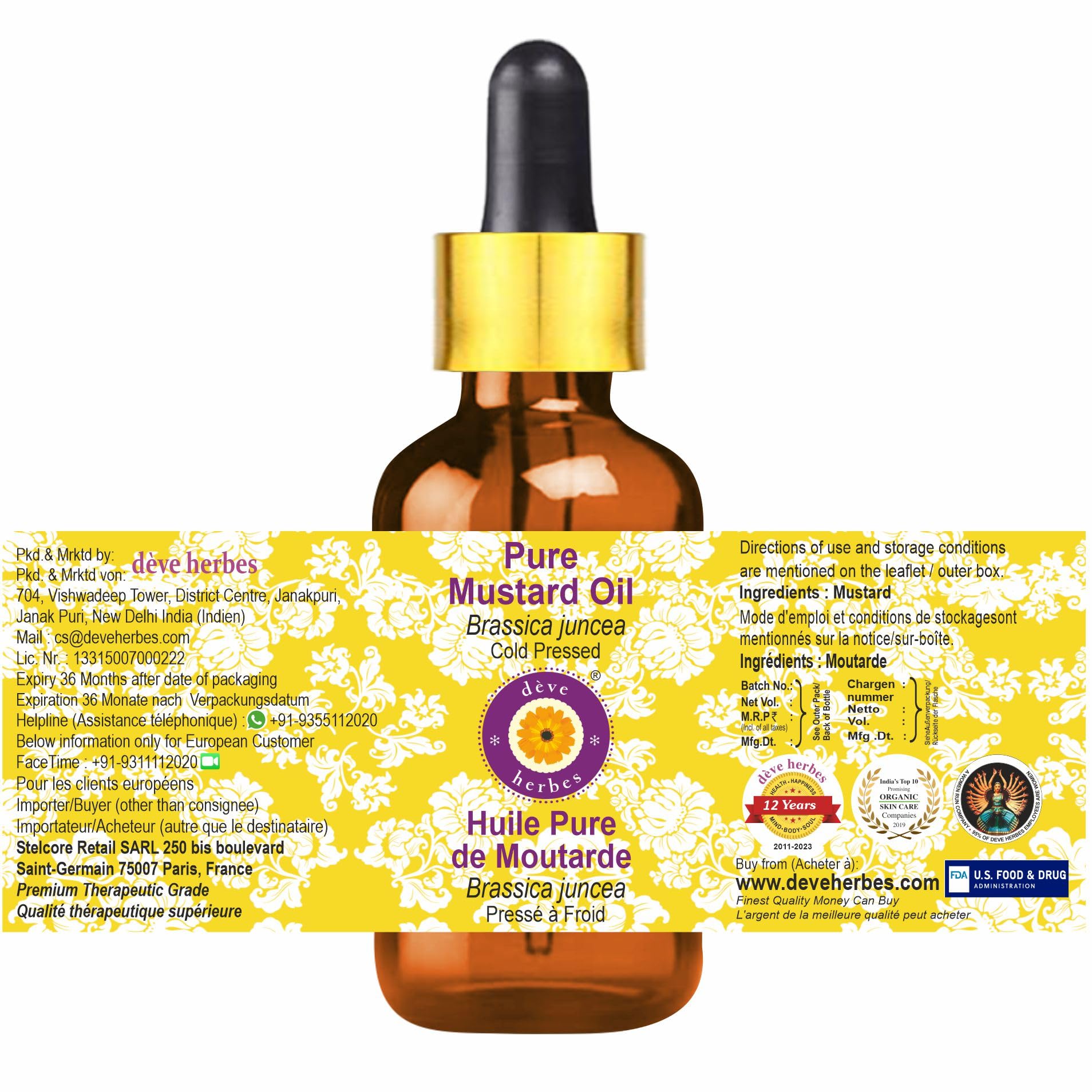 Deve Herbes Mustard Oil (Brassica juncea) – Cold Pressed, Glass Dropper, 10ml