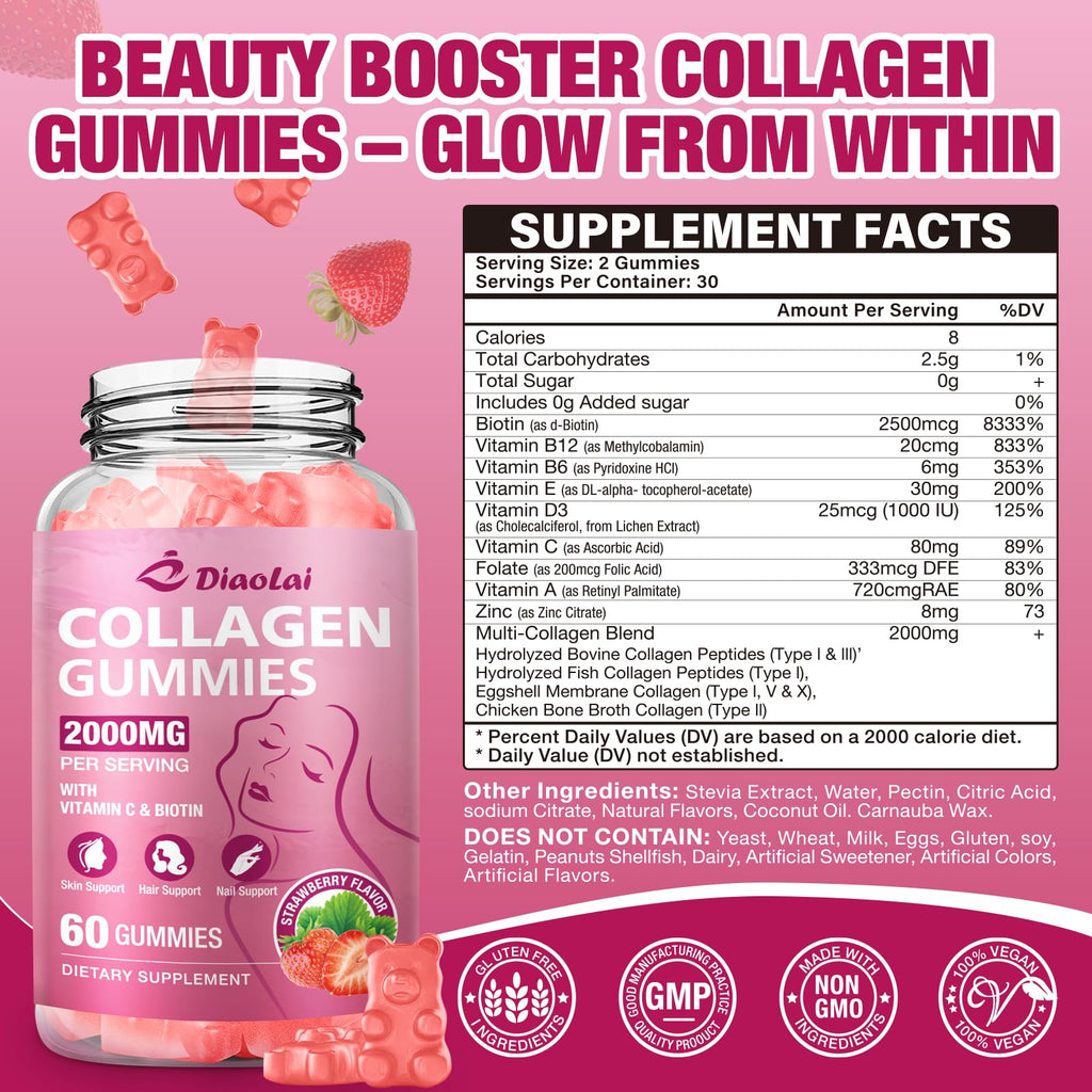 DIAOLAI Sugar-Free Multi Collagen Gummies – 5 Types I-V-X, Biotin & Vitamin C | Strawberry, 120 Gummies