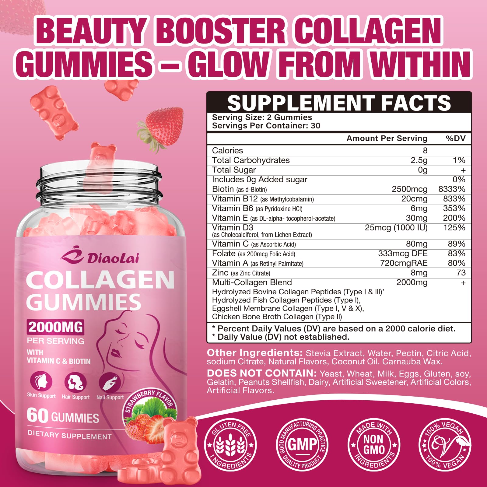 DIAOLAI Sugar-Free Multi Collagen Gummies – 5 Types I-V-X, Biotin & Vitamin C | Strawberry, 120 Gummies