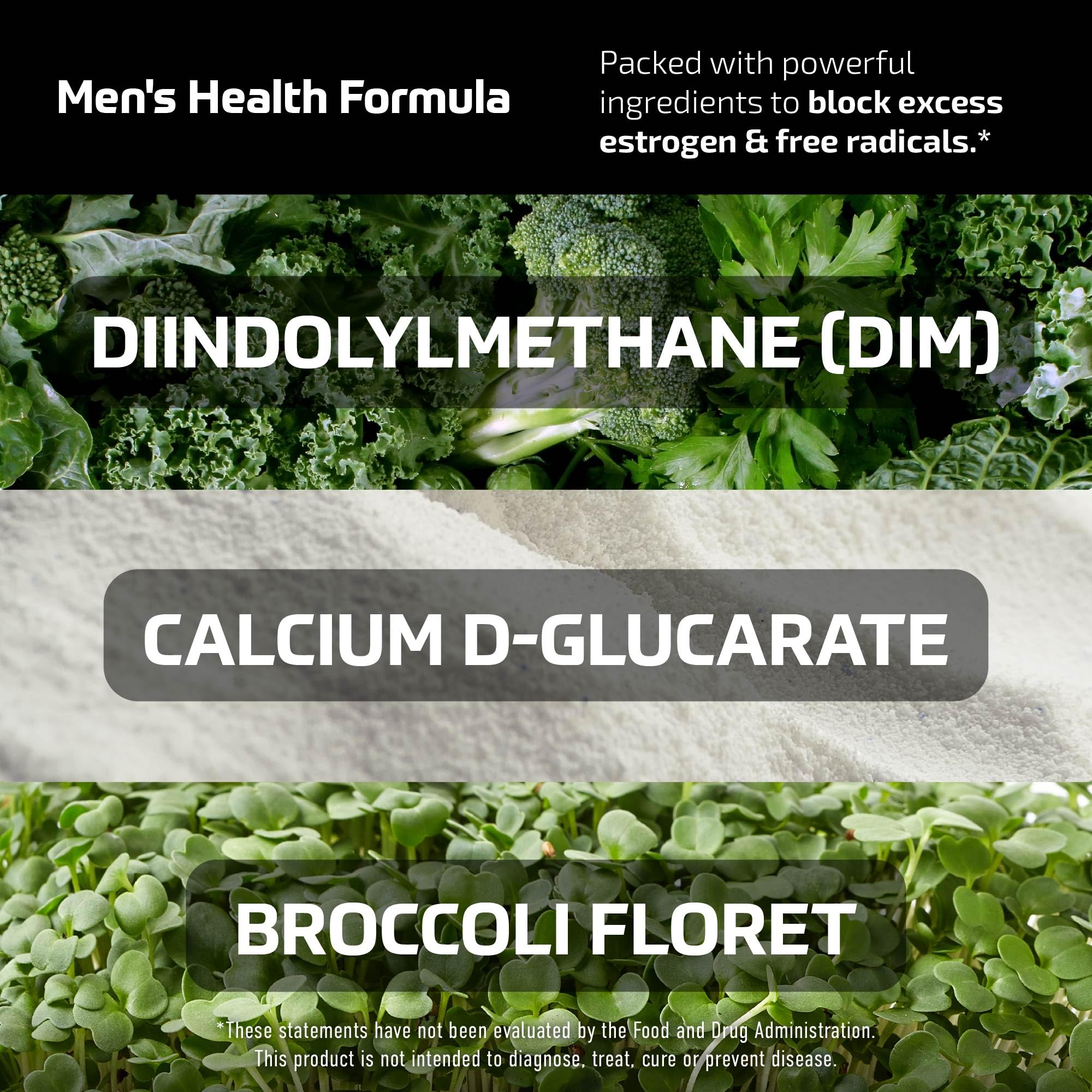 DIM Supplement for Men 300mg | Estrogen Blocker & Aromatase Inhibitor | Extra Strength Men’s Hormone Balance & Fitness Booster with Diindolylmethane Plus CDG & Broccoli Floret | Gluten-Free | 60 Ct