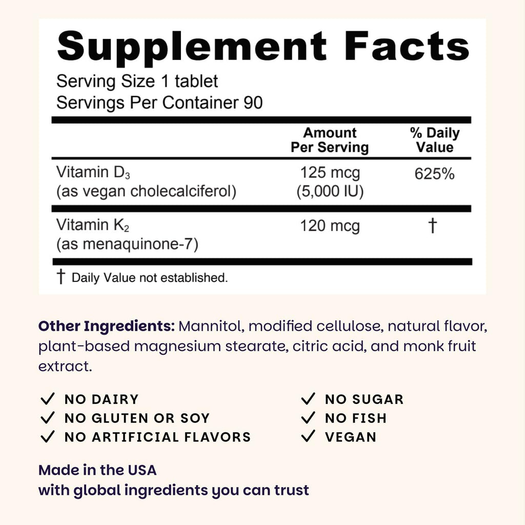 EZ Melts D3 + K2 5000 IU – Vegan, Non-GMO, Green Apple, 90 Tablets