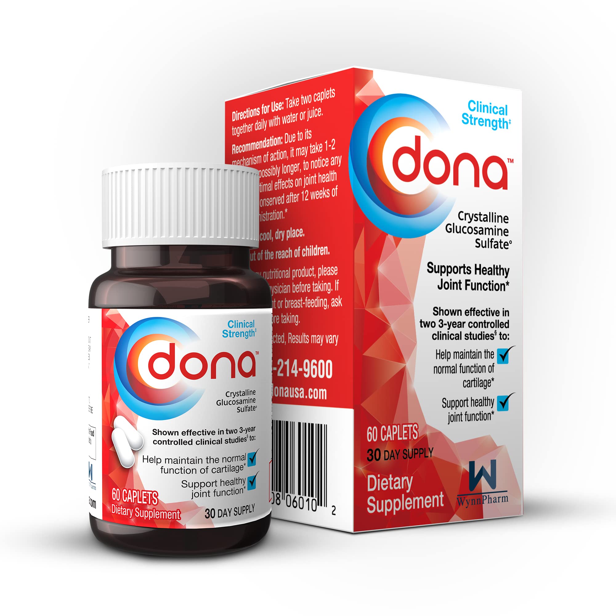 Dona Crystalline Glucosamine Sulfate 750 mg – Joint Health & Mobility Support, 60 Caplets (3-Pack)
