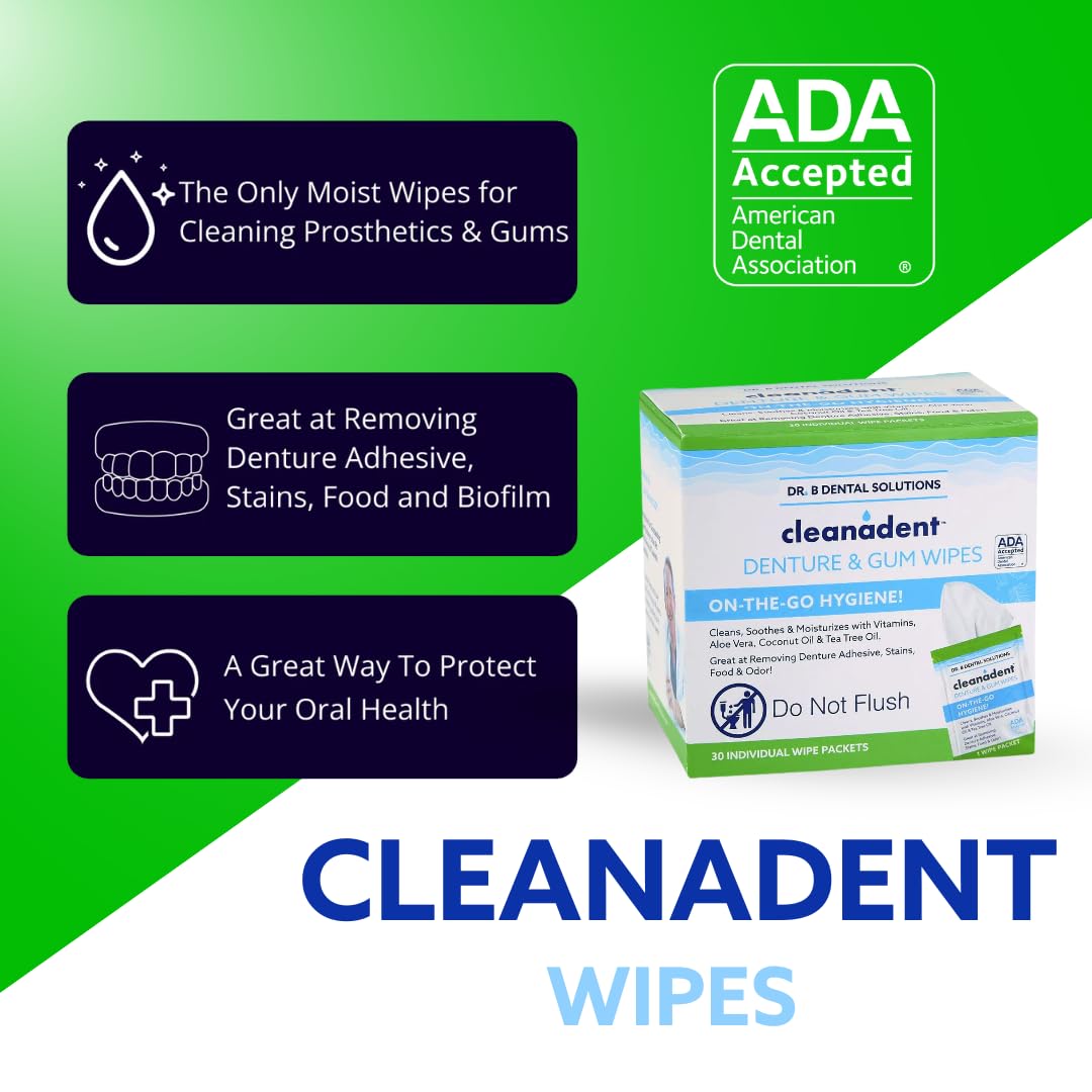 Dr. B Dental Solutions Cleanadent Wipes – Denture Cleaning Wipes, Refreshes Gums, No Artificial Colors/Flavors – 60 Count
