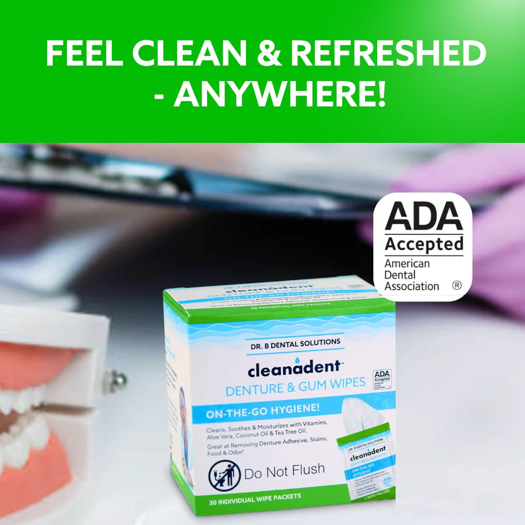 Dr. B Dental Solutions Cleanadent Wipes – Denture Cleaning Wipes, Refreshes Gums, No Artificial Colors/Flavors – 60 Count