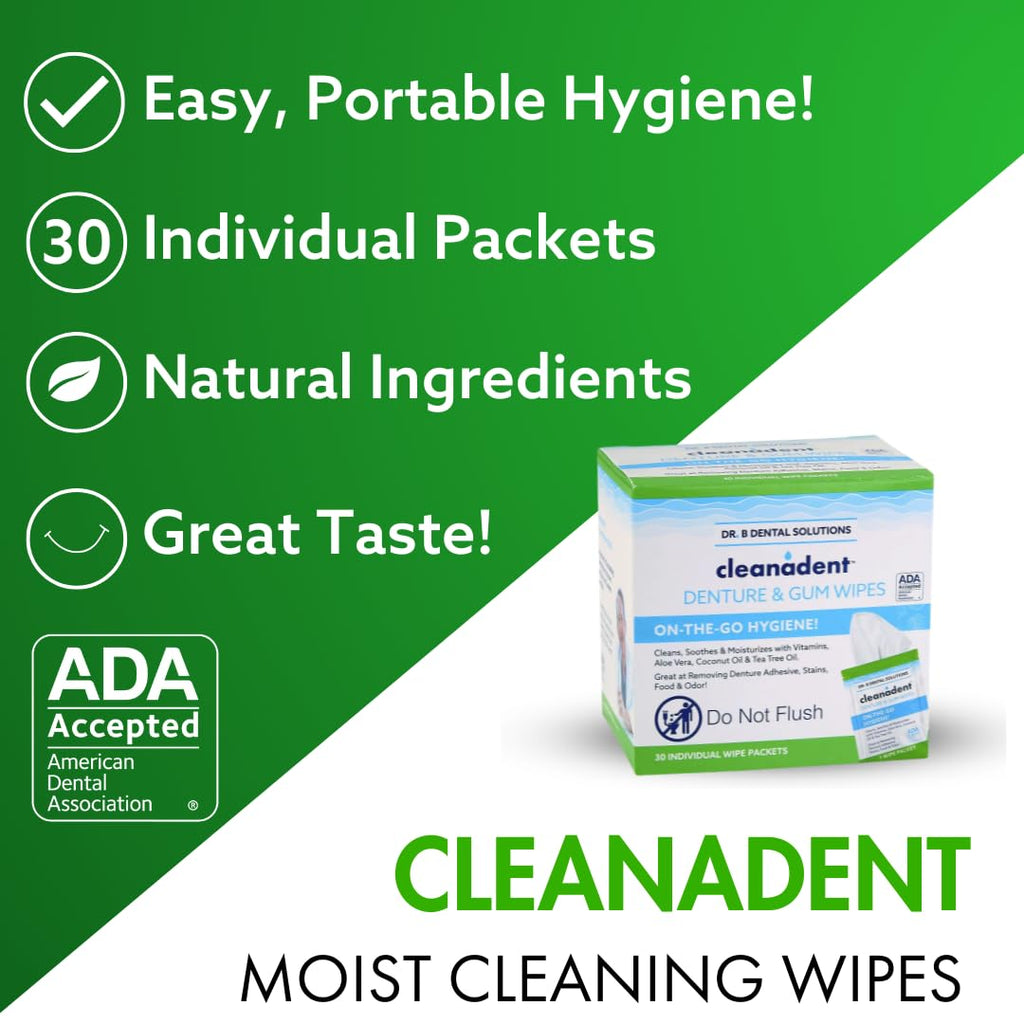 Dr. B Dental Solutions Cleanadent Wipes – Denture Cleaning Wipes, Refreshes Gums, No Artificial Colors/Flavors – 60 Count