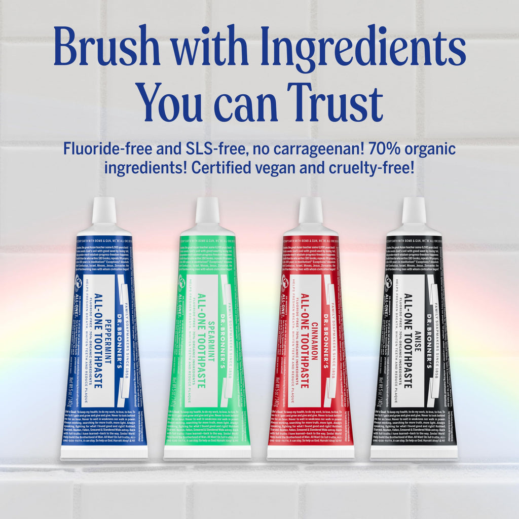 Dr. Bronner’s All-One Toothpaste (Anise, 5 oz, 3-Pack) - 70% Organic, Fluoride-Free, SLS-Free, Vegan