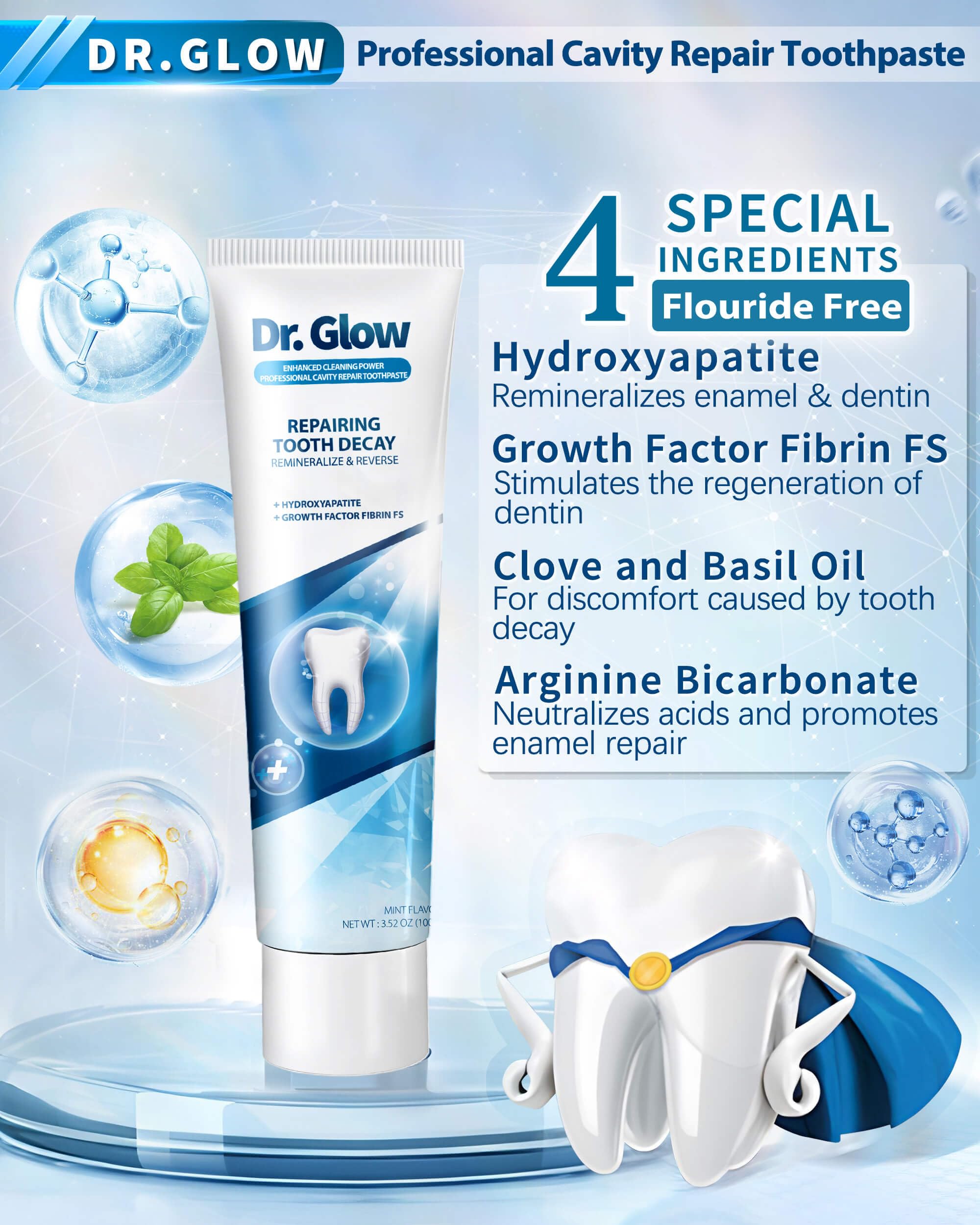 Dr. Glow Adult Cavity Repair Toothpaste – Hydroxyapatite Remineralization, Enamel Repair, 3.52oz x 2