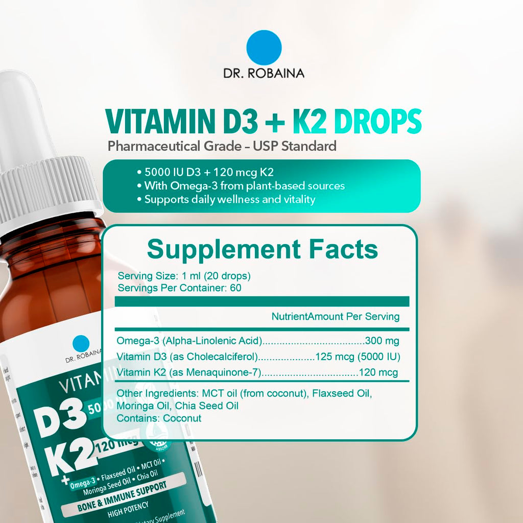 Dr. Robaina Vitamin D3 + K2 Drops – Vegan D3 and MK-7 in MCT Oil