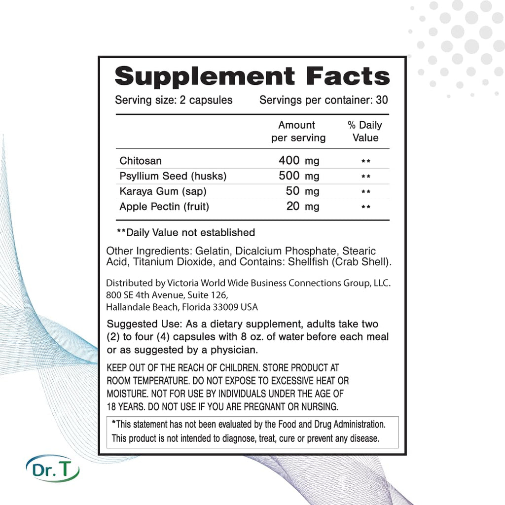 Dr. T Natural Cholesterol Lowering Supplement - Psyllium Seed Husks, Chitosan, Karaya Gum, Apple Pectin | 60 Capsules